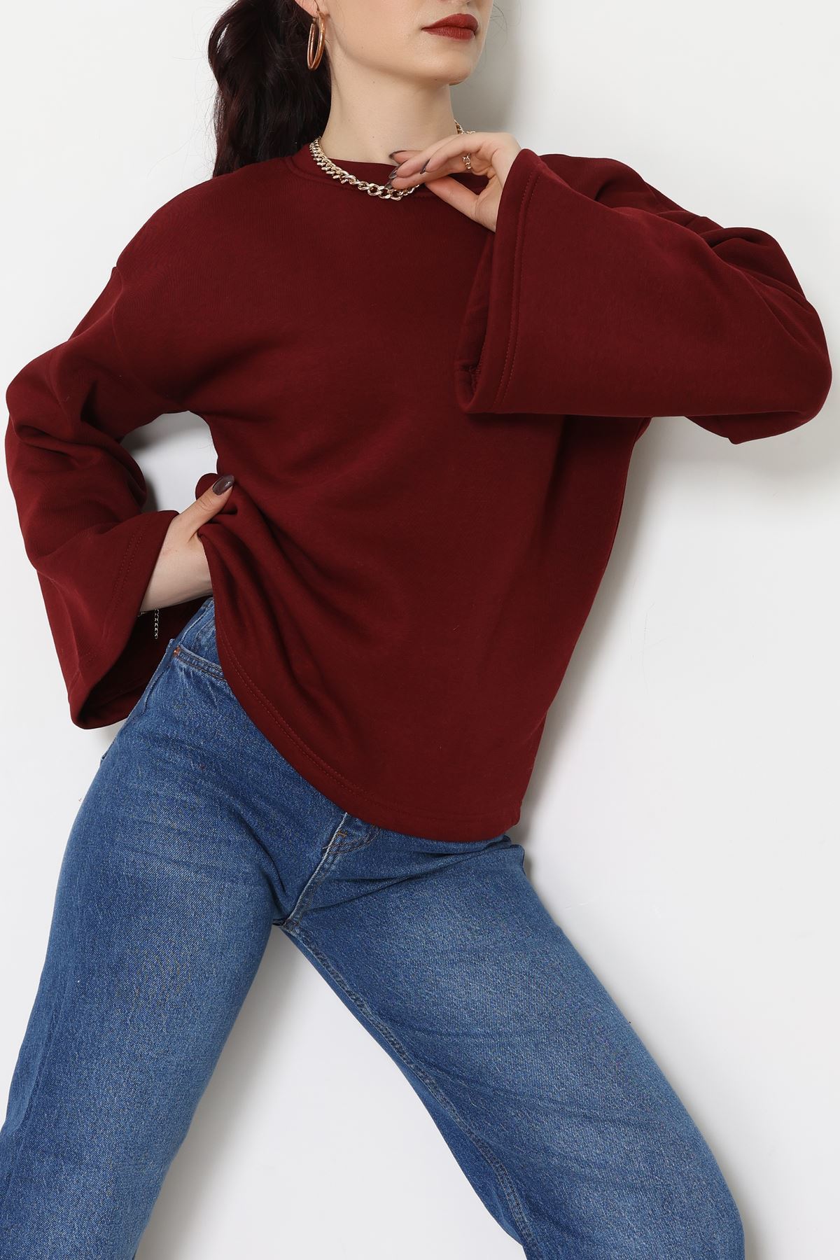 3 İplik Şardonlu İspanyol Kol Sweat Bordo - 42606.1878.