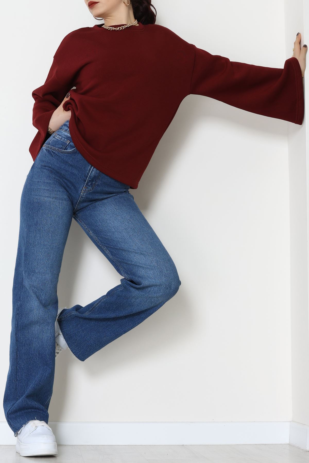 3 İplik Şardonlu İspanyol Kol Sweat Bordo - 42606.1878.