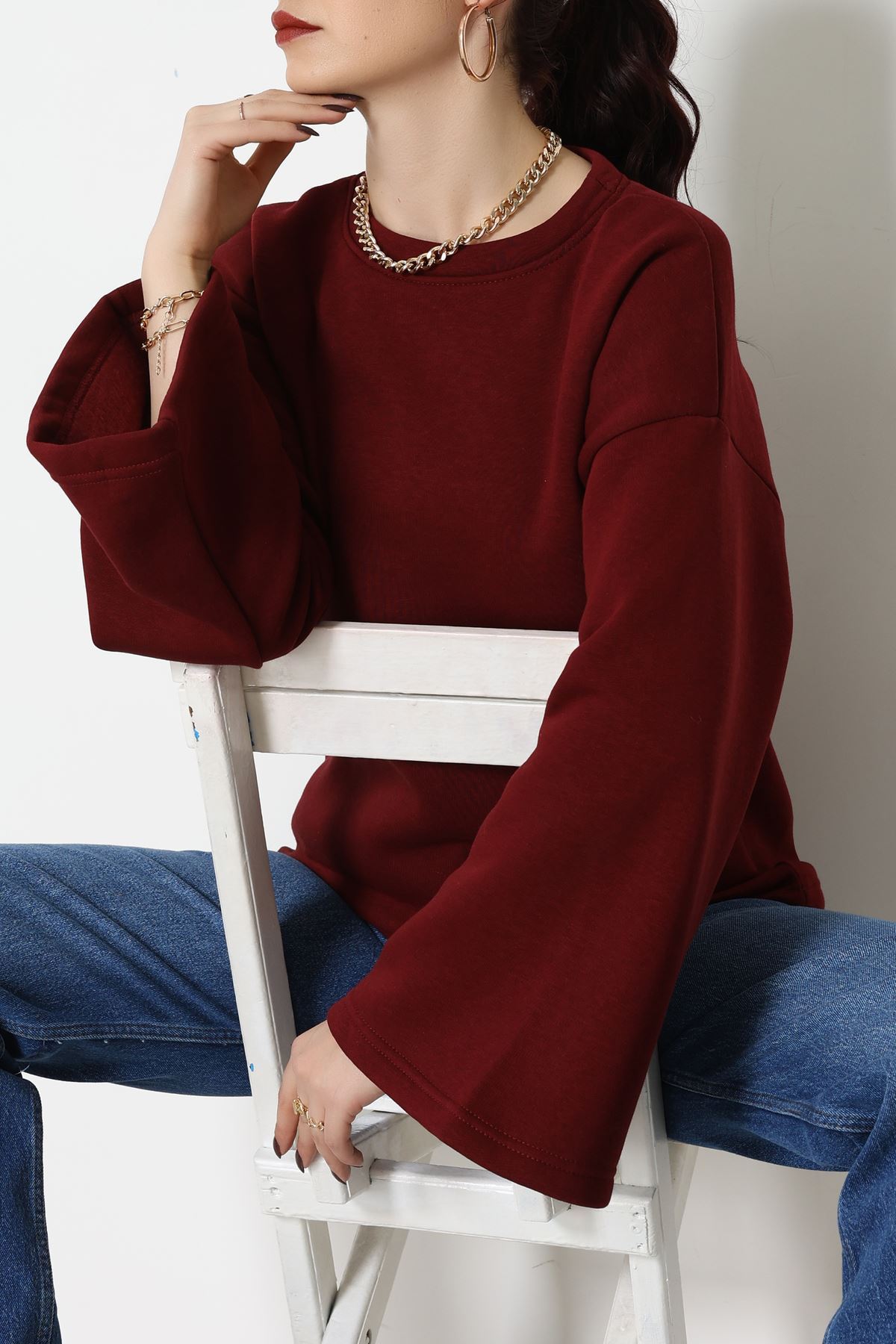 3 İplik Şardonlu İspanyol Kol Sweat Bordo - 42606.1878.