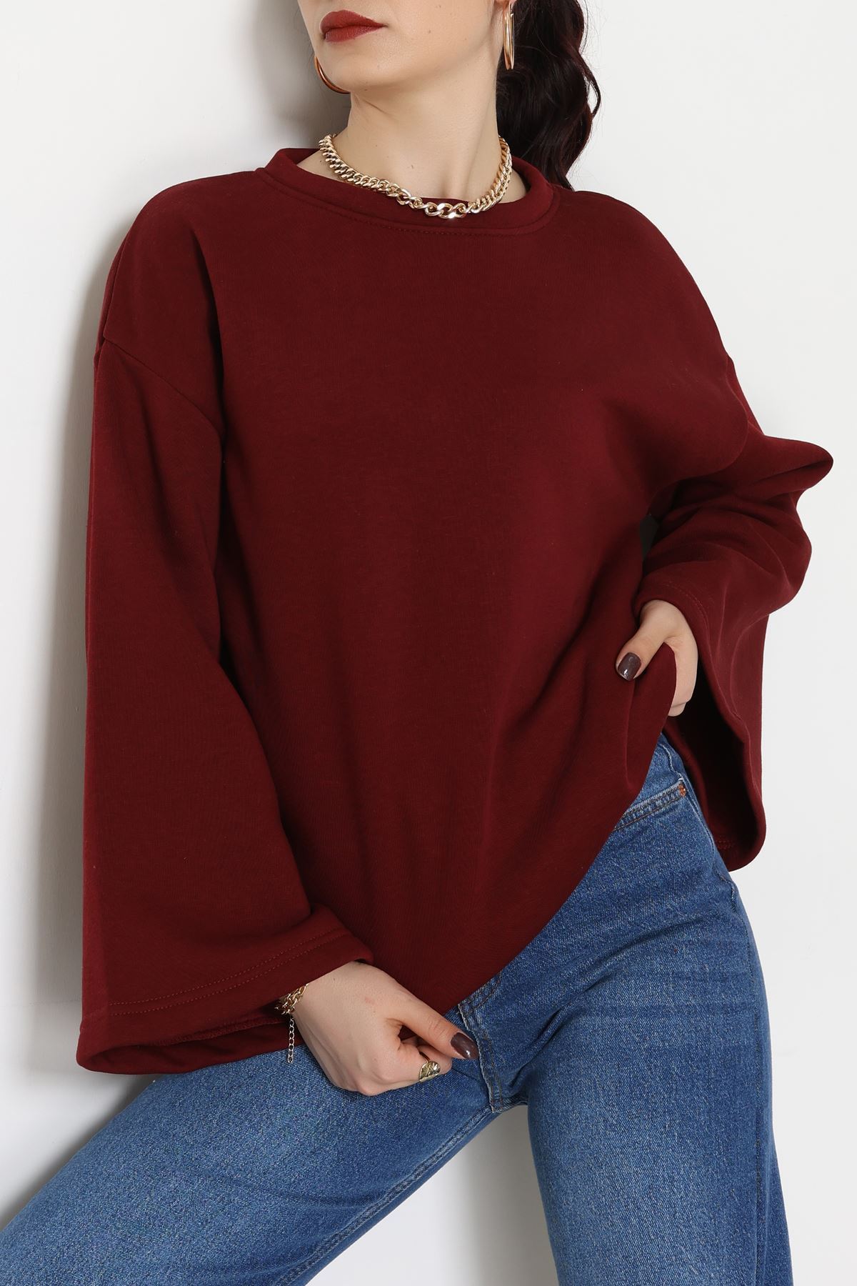 3 İplik Şardonlu İspanyol Kol Sweat Bordo - 42606.1878.