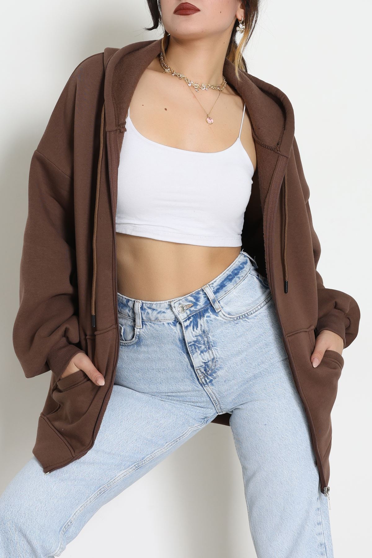 3 İplik Kompakt Oversize Sweat Kahve - 42502.1878.