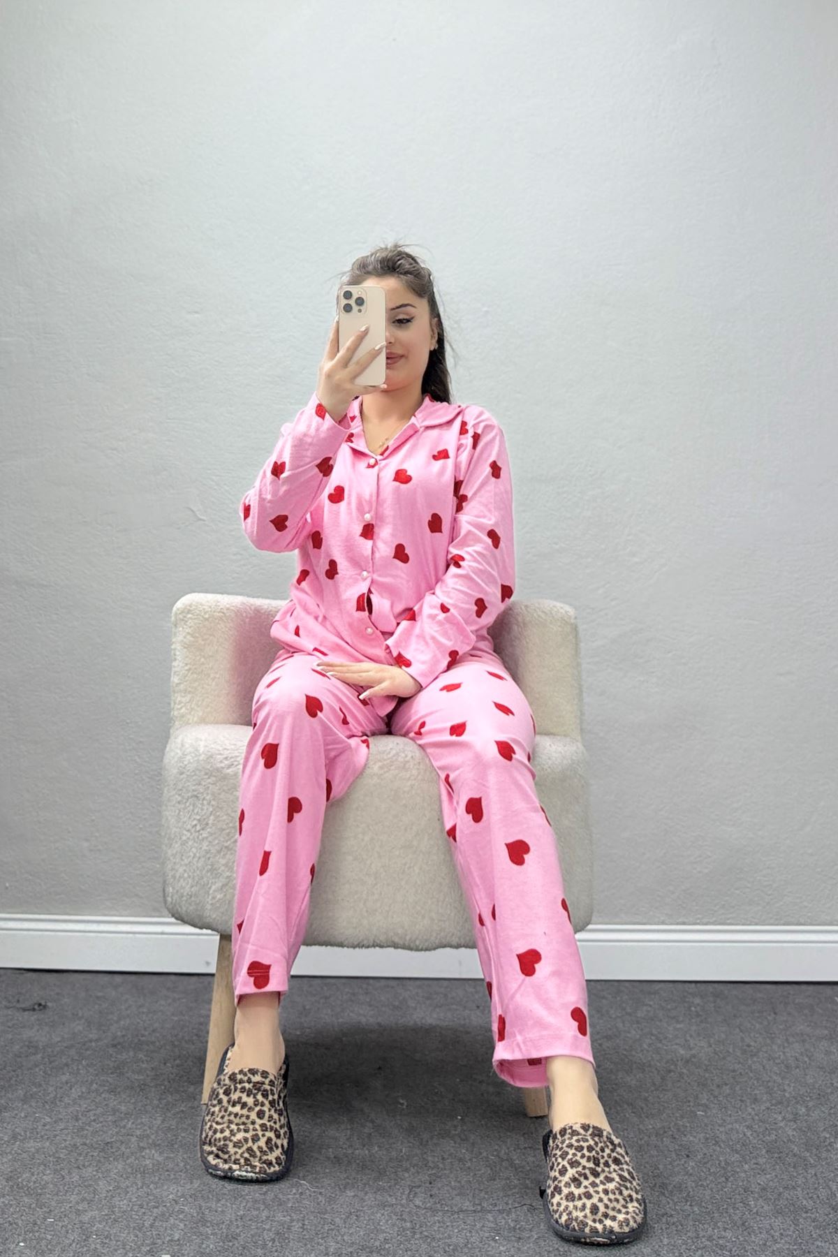 Süet Düğmeli Pijama Takımı Pembekalp - 52179.2124.