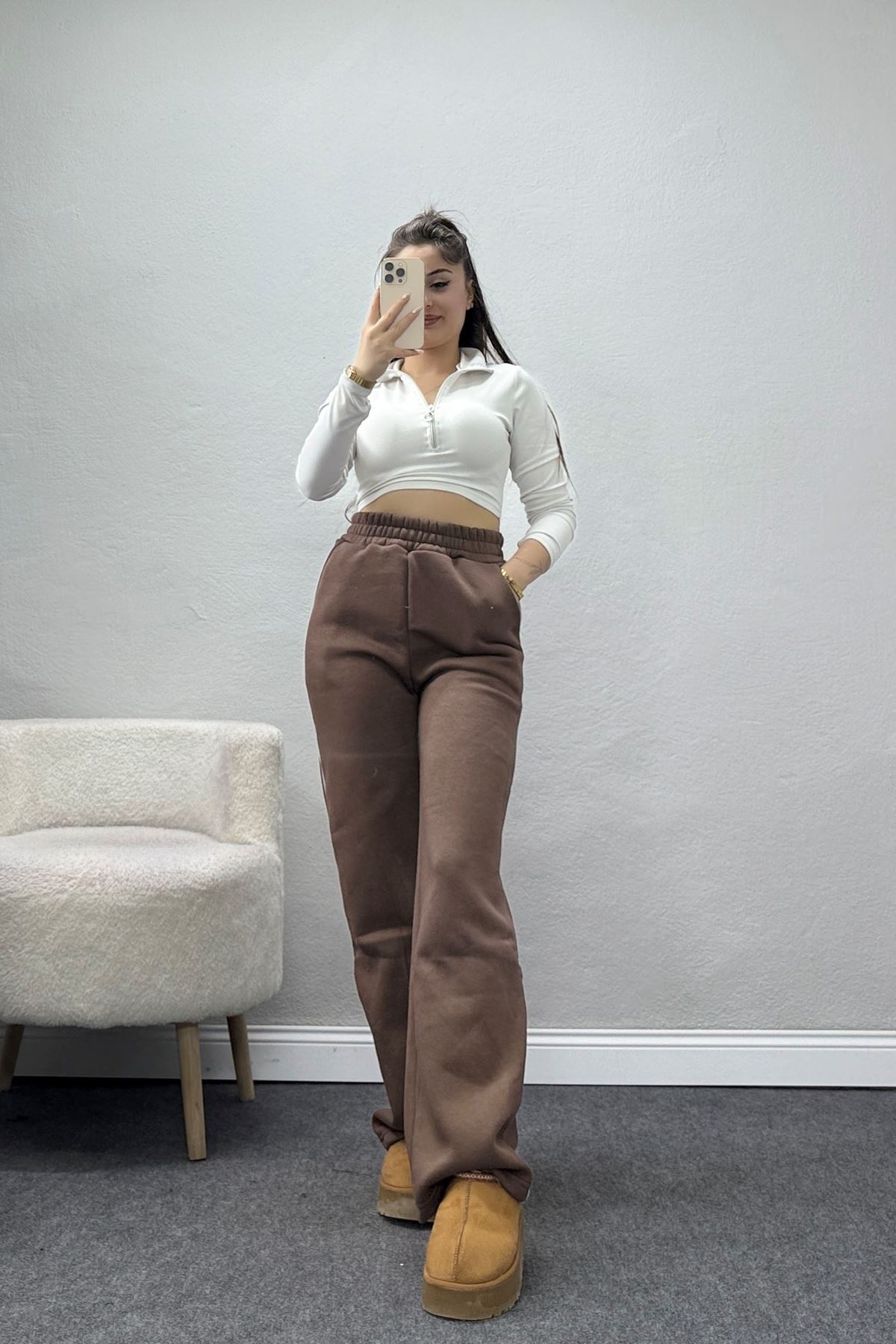 3 İplik Biyeli Palazzo Eşofman Altı Kahve2 - 30104.1878.