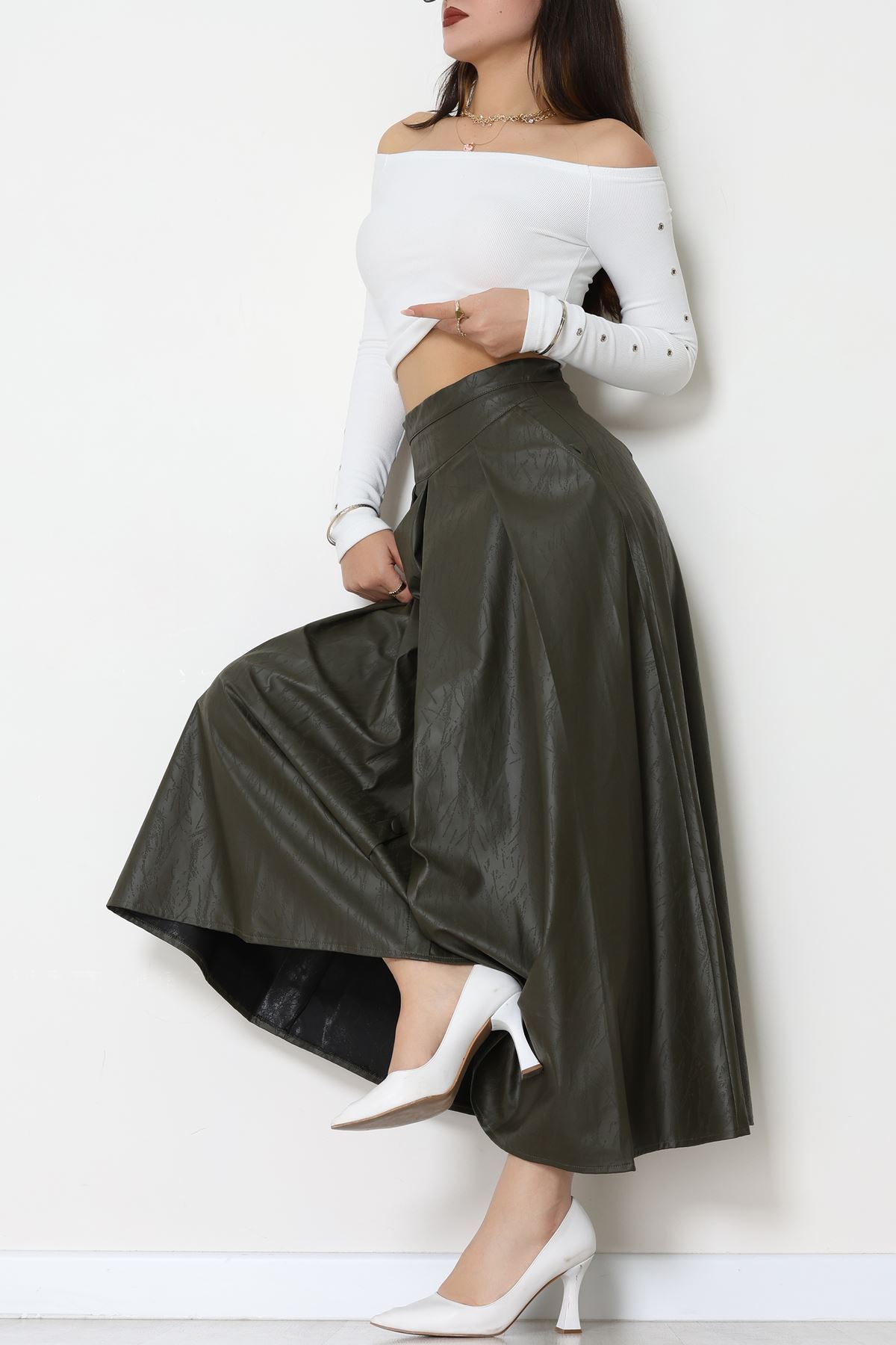 Düğmeli Deri Etek Haki - 60654.2126.