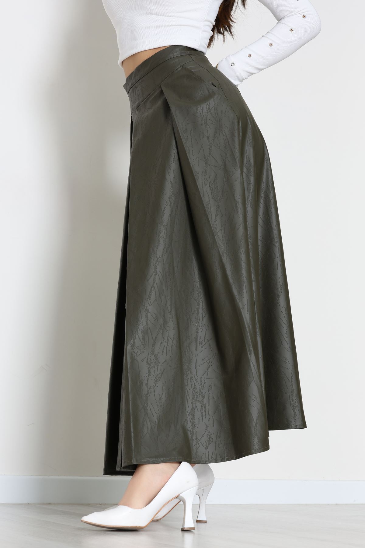 Düğmeli Deri Etek Haki - 60654.2126.