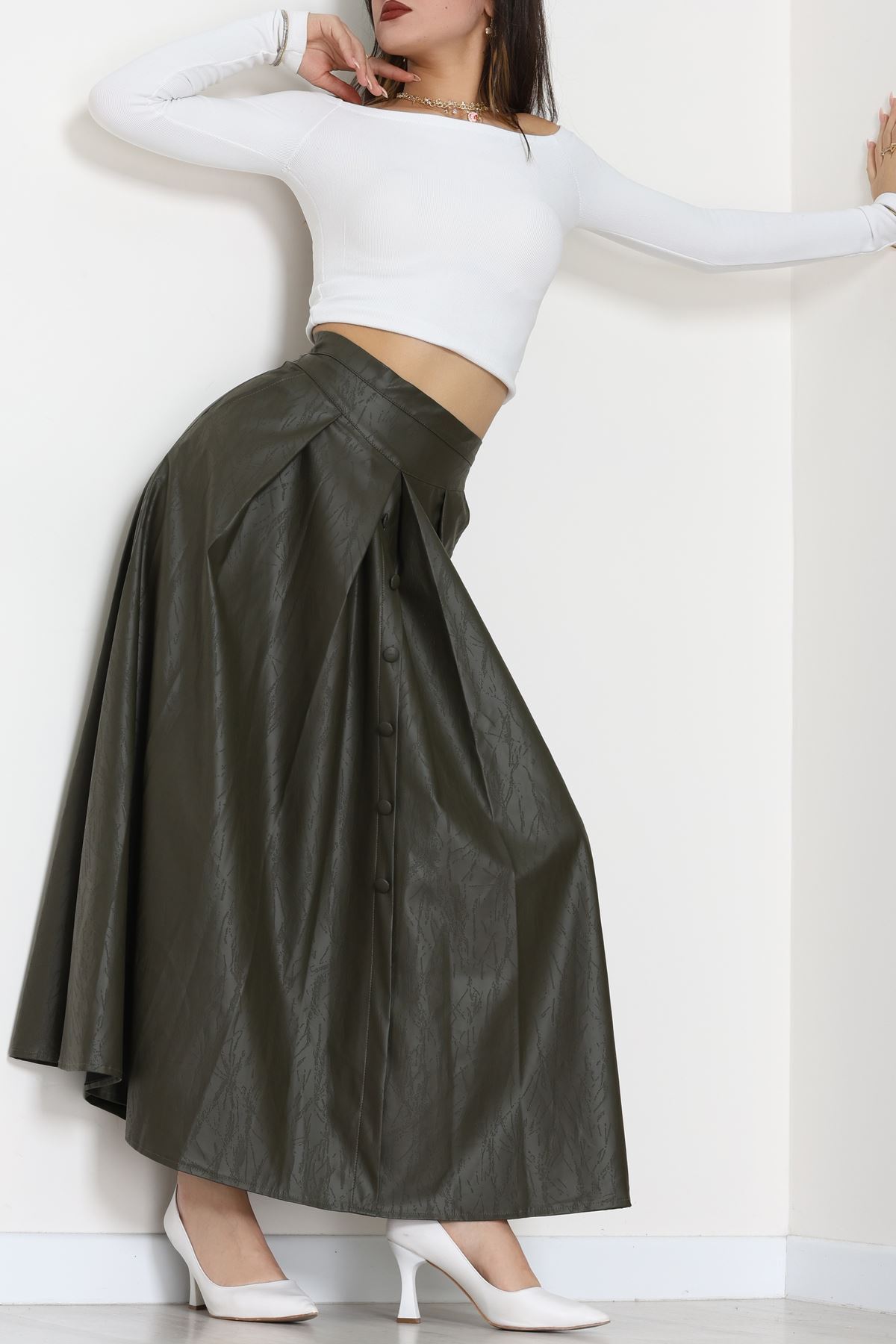 Düğmeli Deri Etek Haki - 60654.2126.