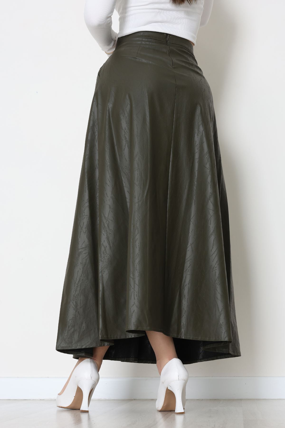 Düğmeli Deri Etek Haki - 60654.2126.