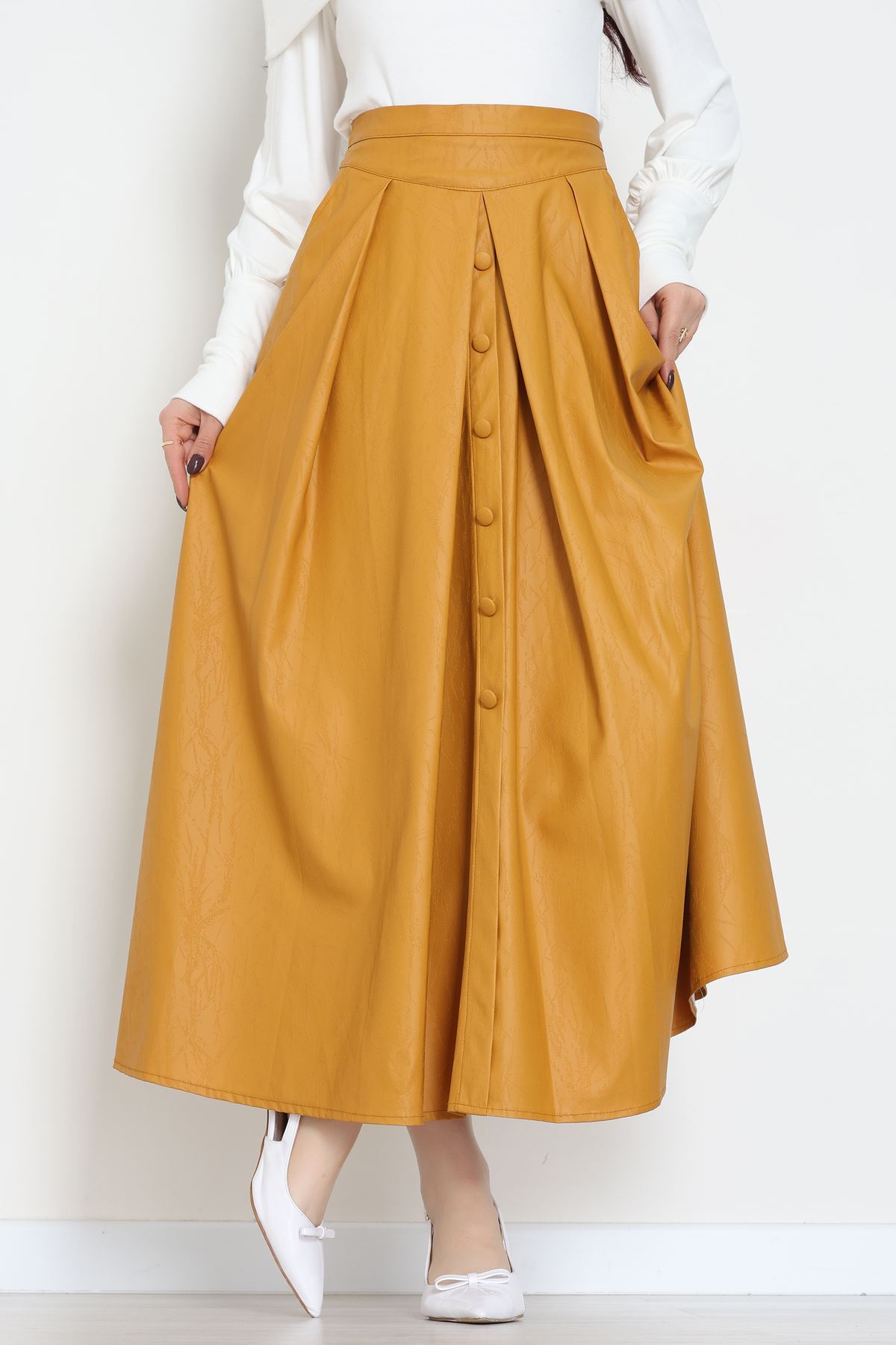 Düğmeli Deri Etek Hardal - 60654.2126.