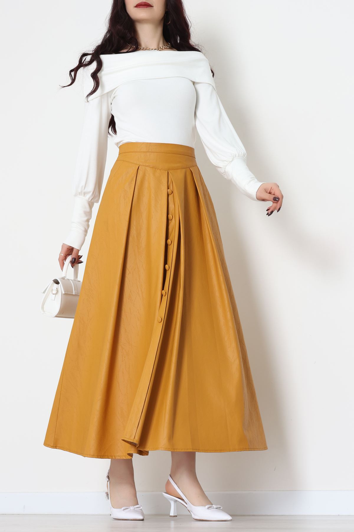 Düğmeli Deri Etek Hardal - 60654.2126.