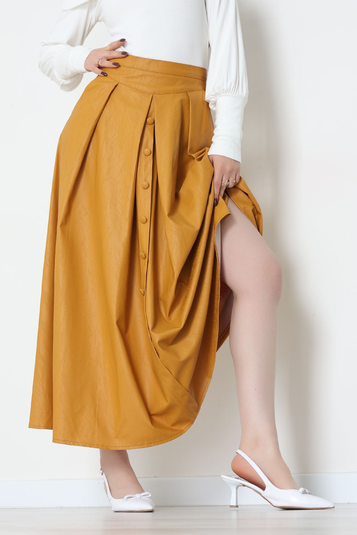 Düğmeli Deri Etek Hardal - 60654.2126.