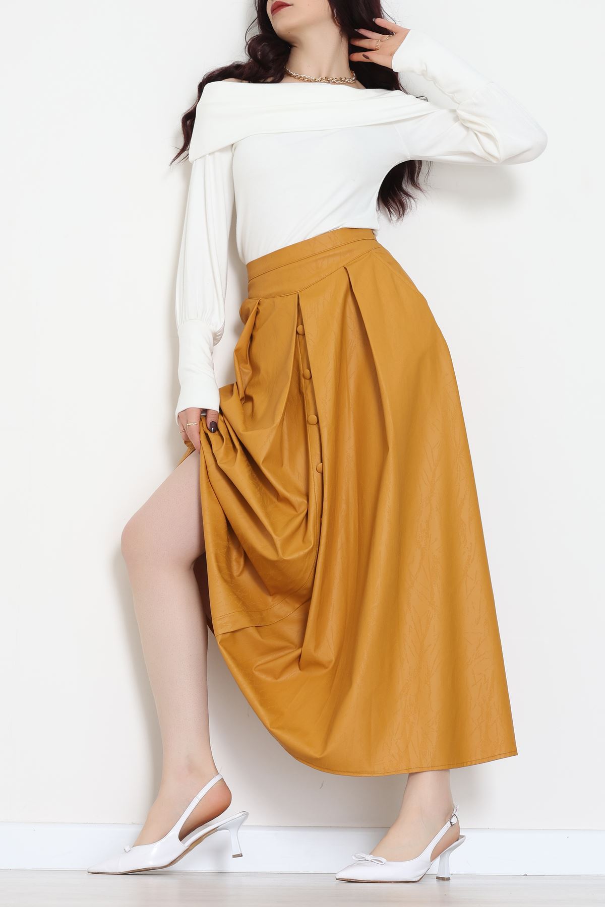 Düğmeli Deri Etek Hardal - 60654.2126.