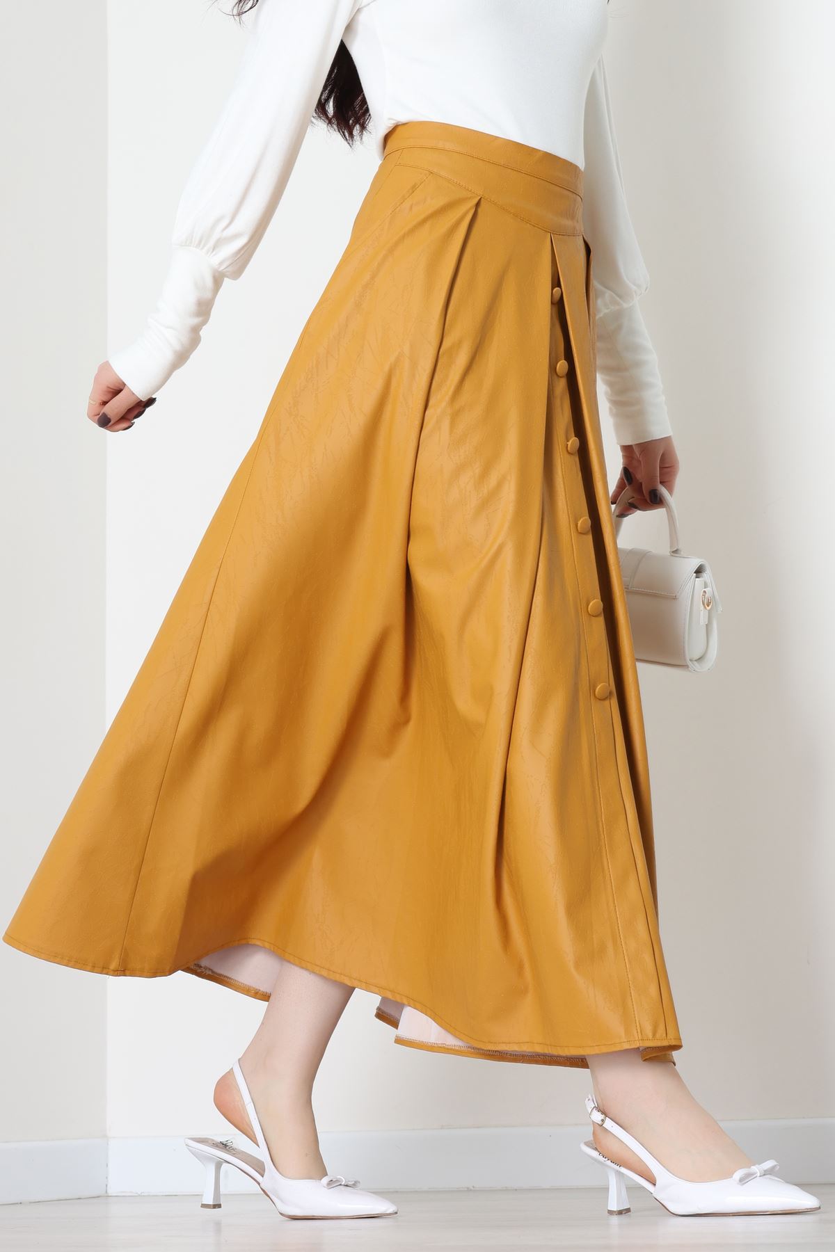 Düğmeli Deri Etek Hardal - 60654.2126.