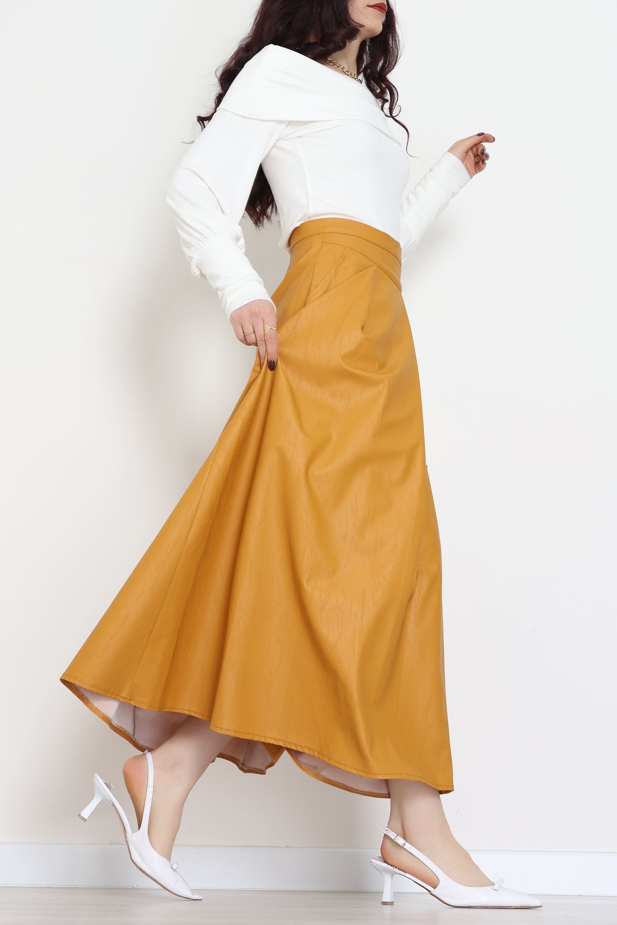 Düğmeli Deri Etek Hardal - 60654.2126.