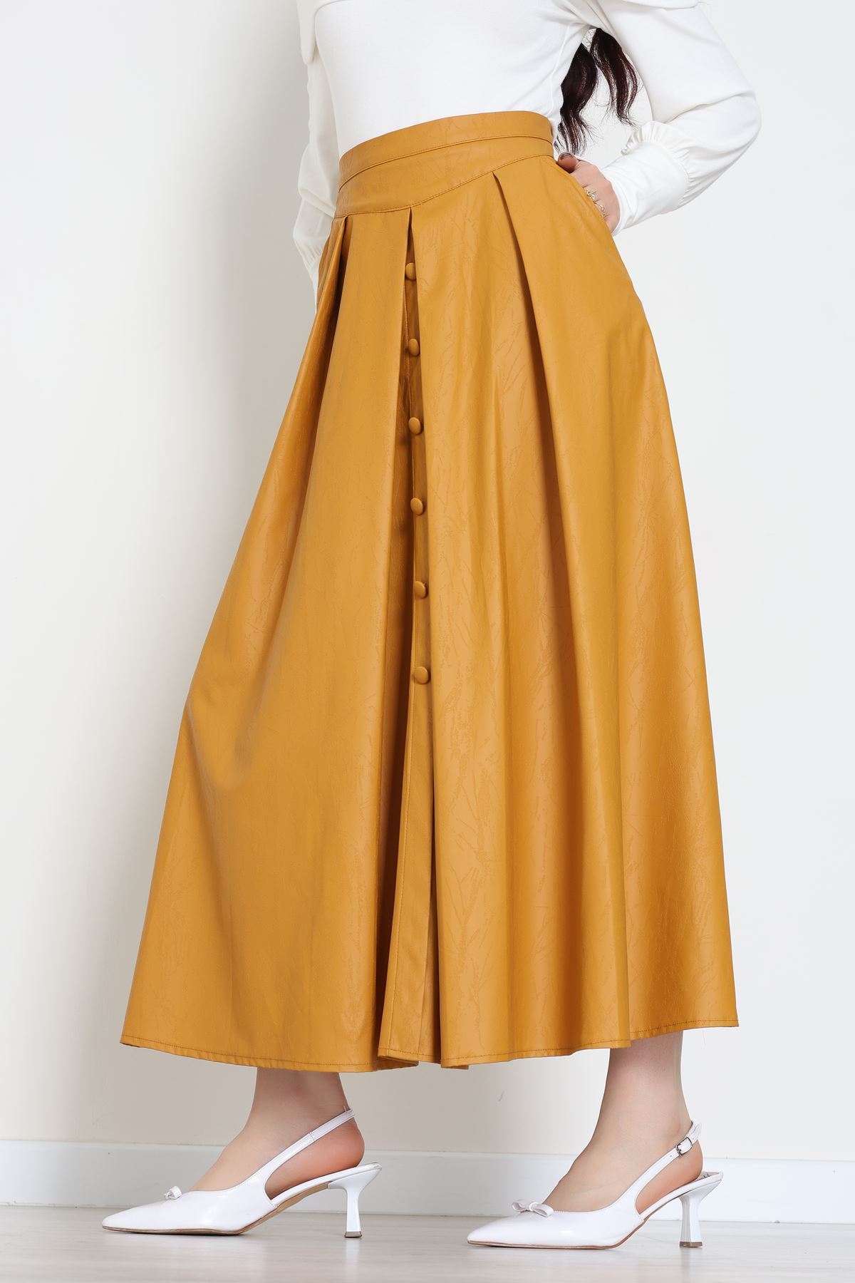 Düğmeli Deri Etek Hardal - 60654.2126.