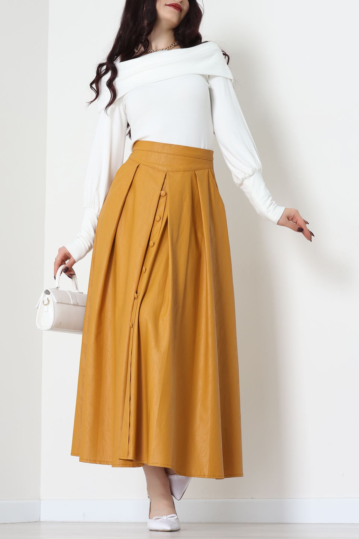 Düğmeli Deri Etek Hardal - 60654.2126.