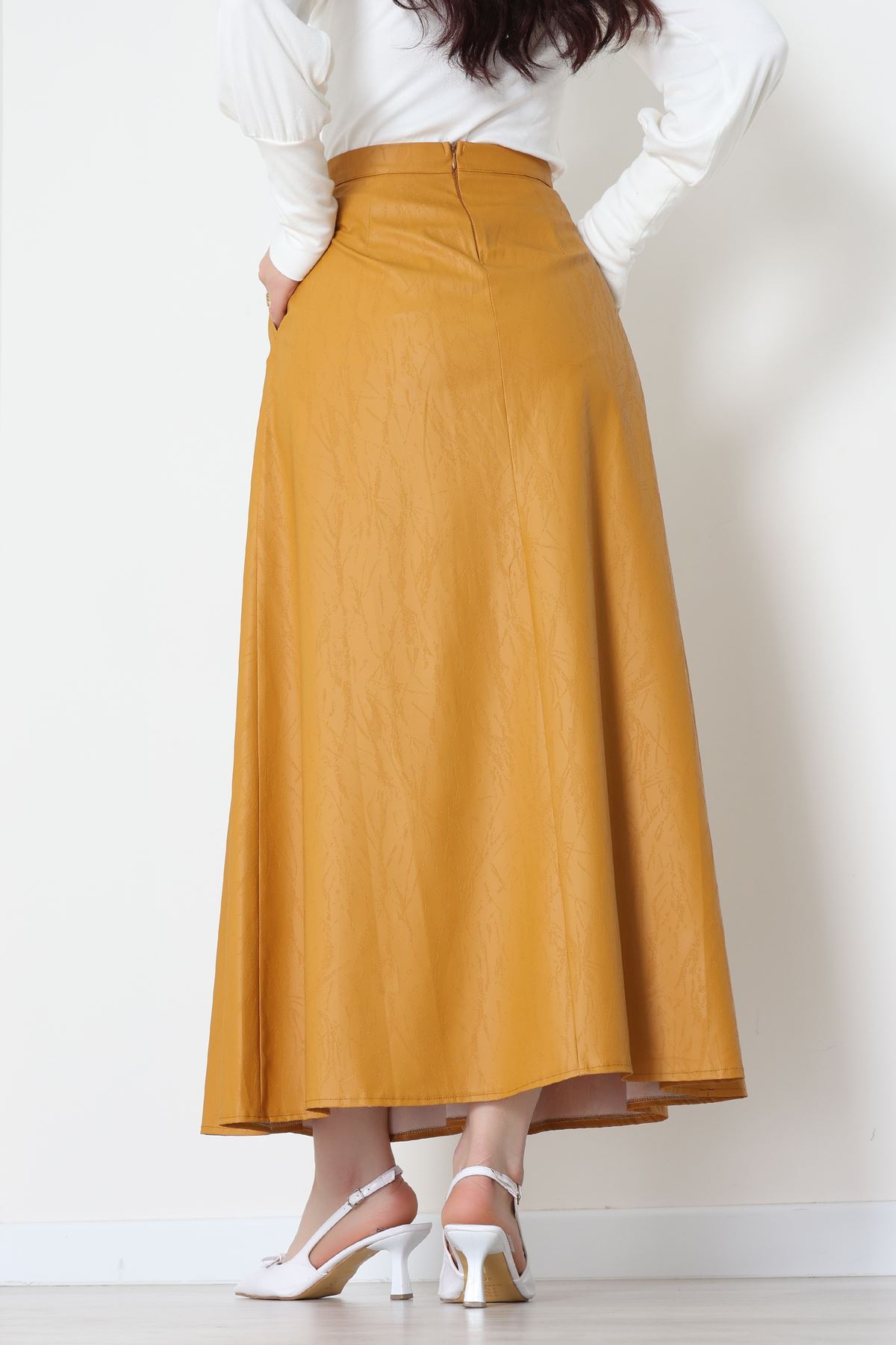 Düğmeli Deri Etek Hardal - 60654.2126.