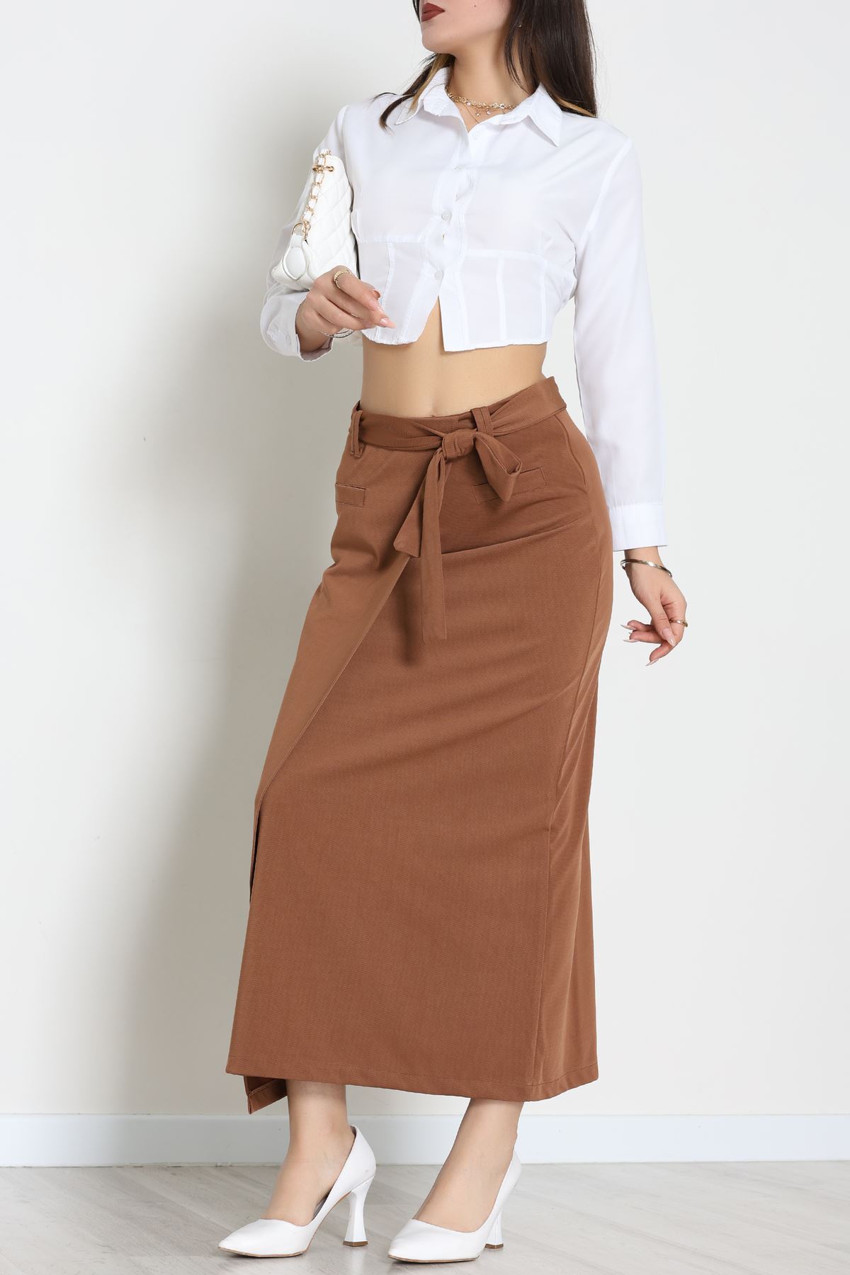 Ottoman Kuşaklı Etek Açıkkahve - 60623.2126.