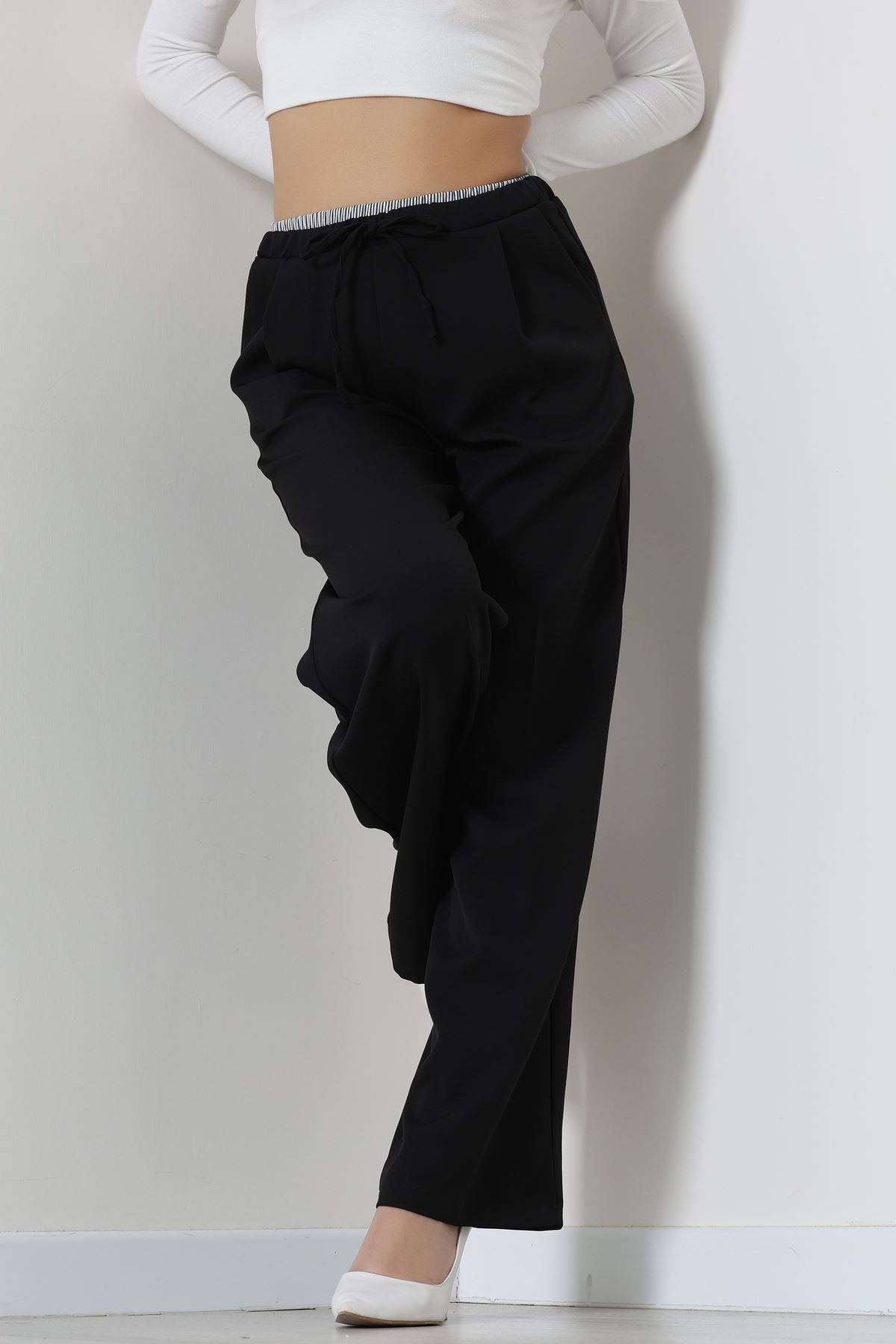 Dabıl Kumaş Beli Lastikli Pantolon Siyah - 51617.683.