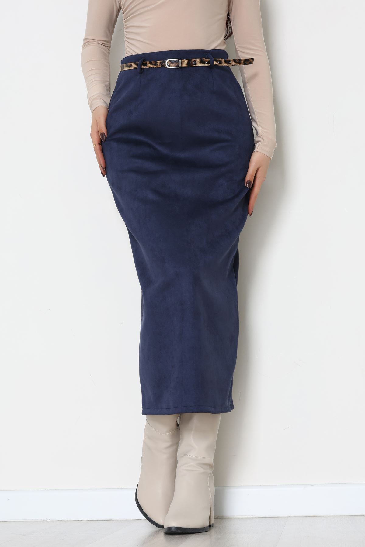 Kemerli Süet Etek Lacivert - 60653.2126.