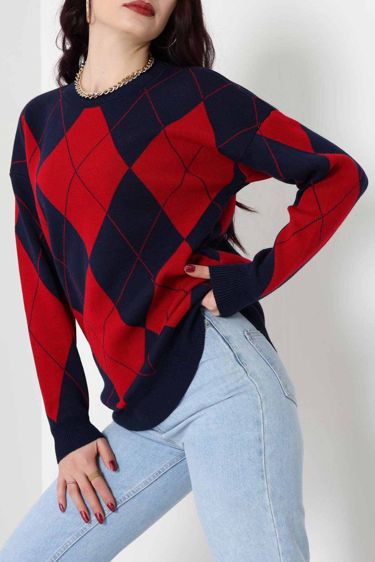 Etnik Desen Triko Lacivertkırmızı - 3027.1577.