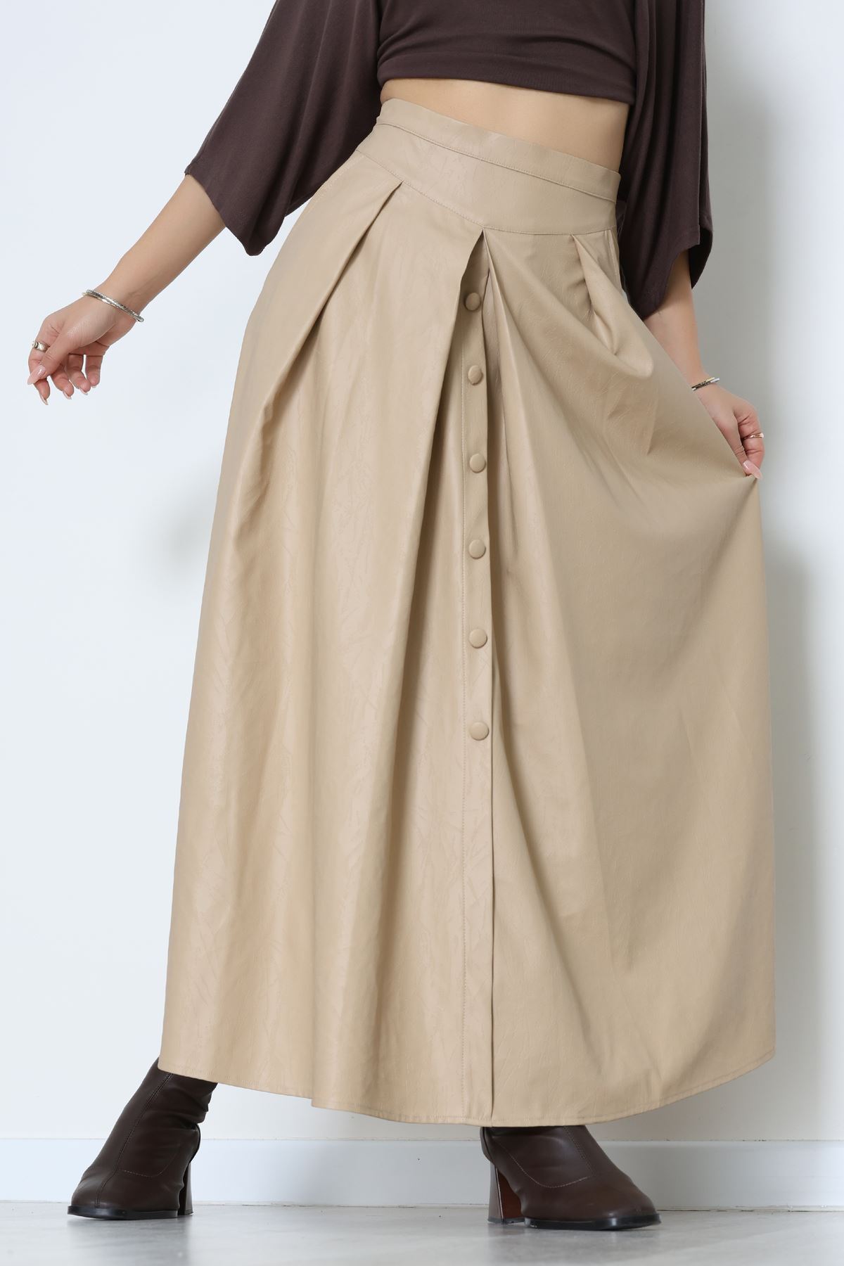 Düğmeli Deri Etek Vizon - 60654.2126.