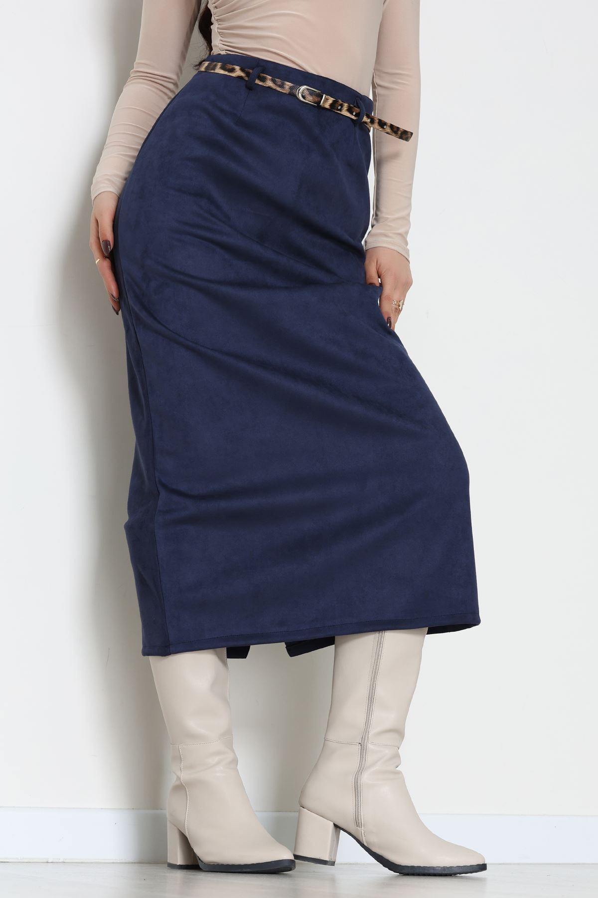 Kemerli Süet Etek Lacivert - 60653.2126.