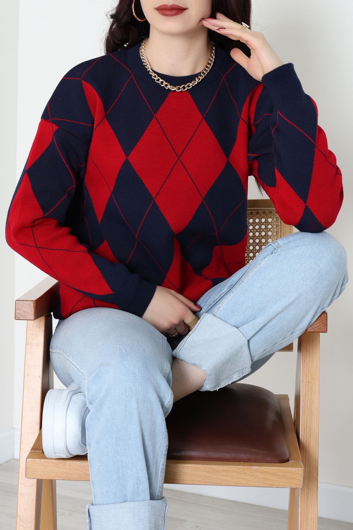 Etnik Desen Triko Lacivertkırmızı - 3027.1577.