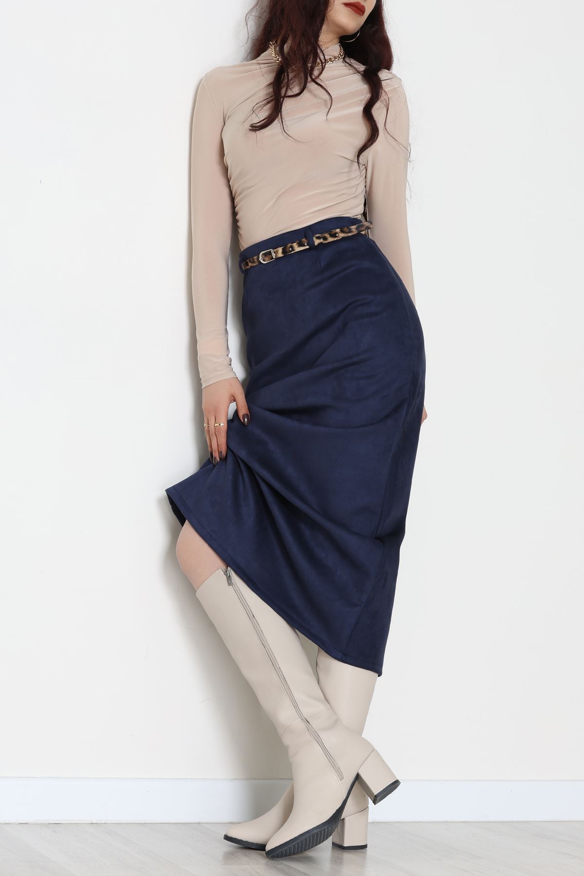 Kemerli Süet Etek Lacivert - 60653.2126.