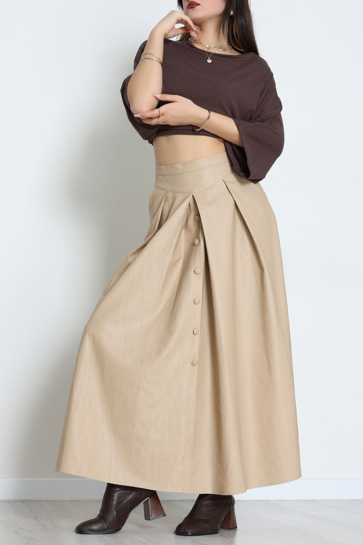 Düğmeli Deri Etek Vizon - 60654.2126.