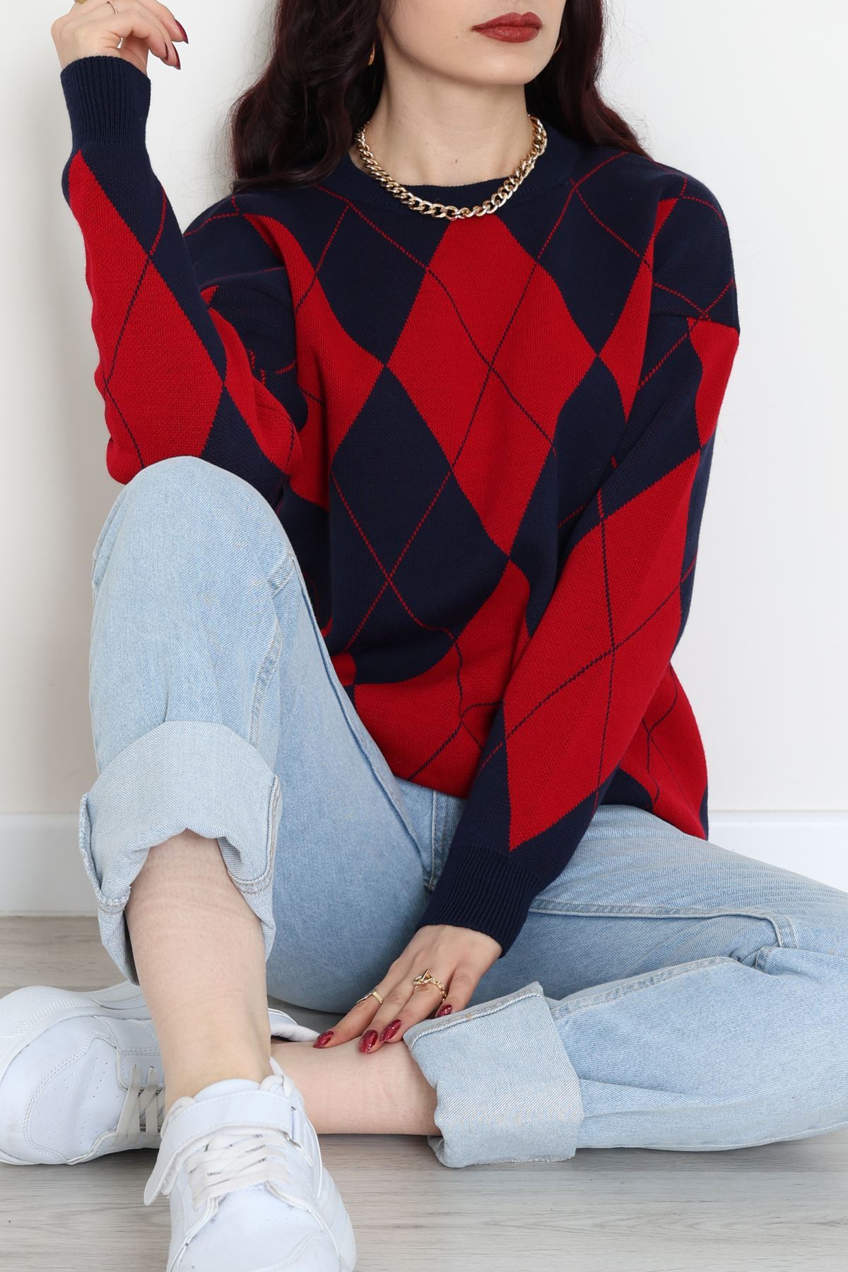 Etnik Desen Triko Lacivertkırmızı - 3027.1577.