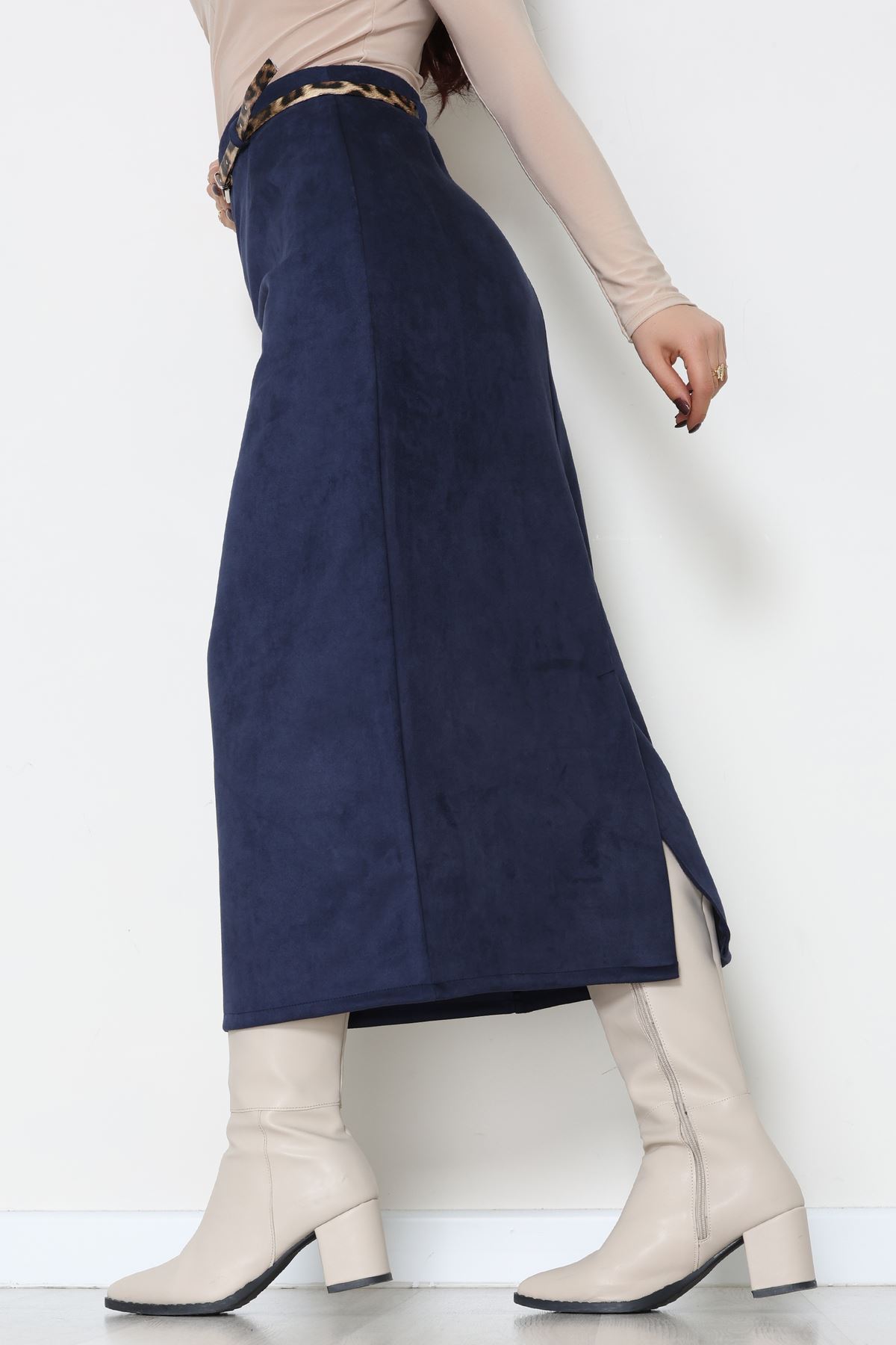 Kemerli Süet Etek Lacivert - 60653.2126.