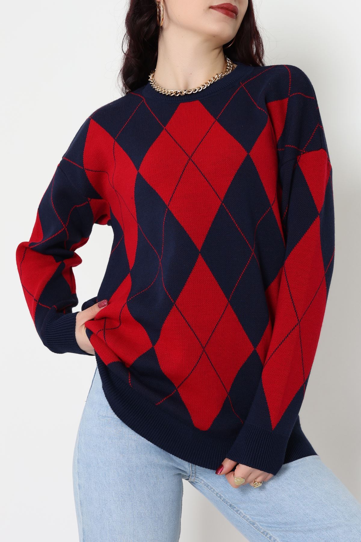 Etnik Desen Triko Lacivertkırmızı - 3027.1577.