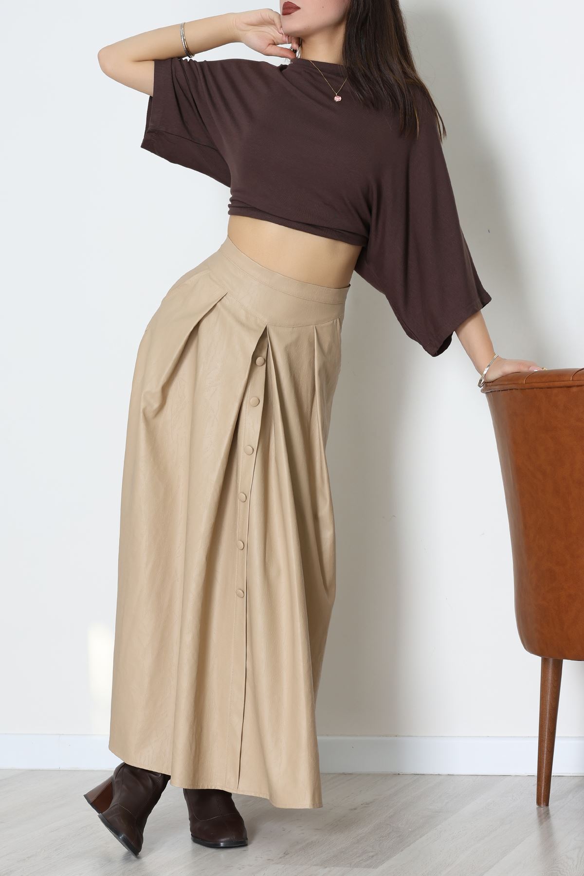 Düğmeli Deri Etek Vizon - 60654.2126.