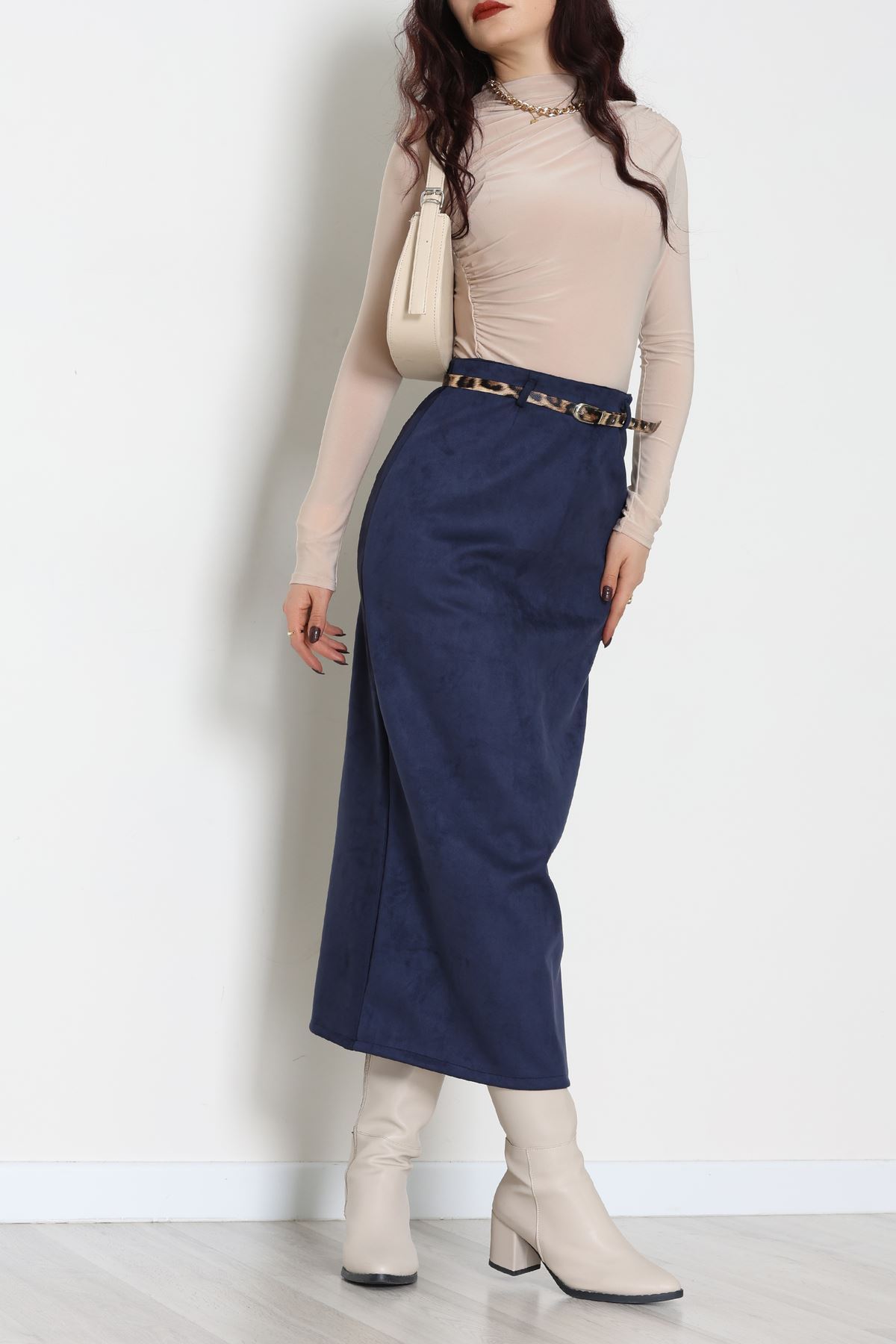 Kemerli Süet Etek Lacivert - 60653.2126.