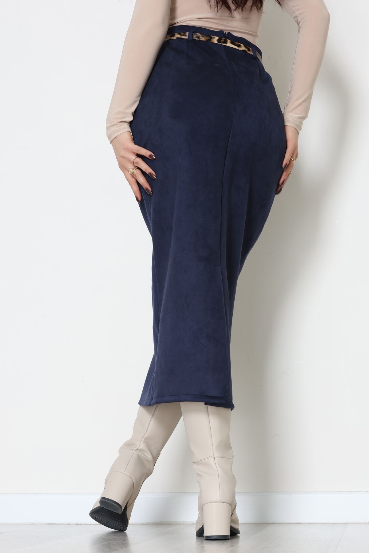 Kemerli Süet Etek Lacivert - 60653.2126.