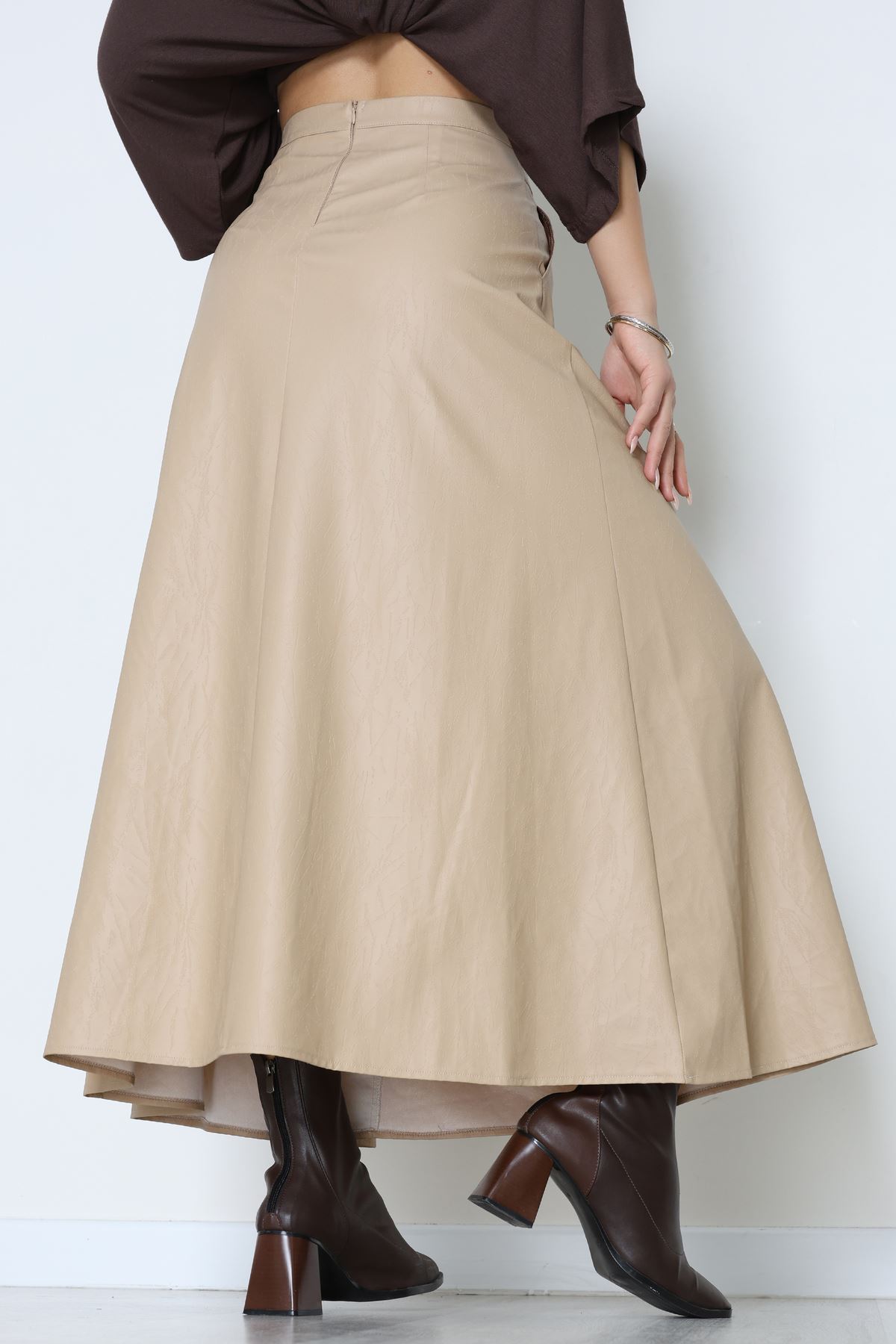 Düğmeli Deri Etek Vizon - 60654.2126.