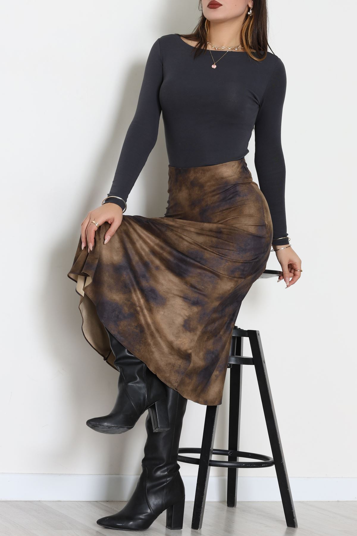 Desenli Süet Etek Haki - 6984.2126.