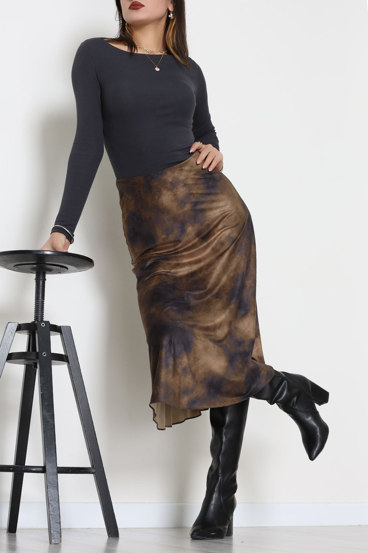 Desenli Süet Etek Haki - 6984.2126.