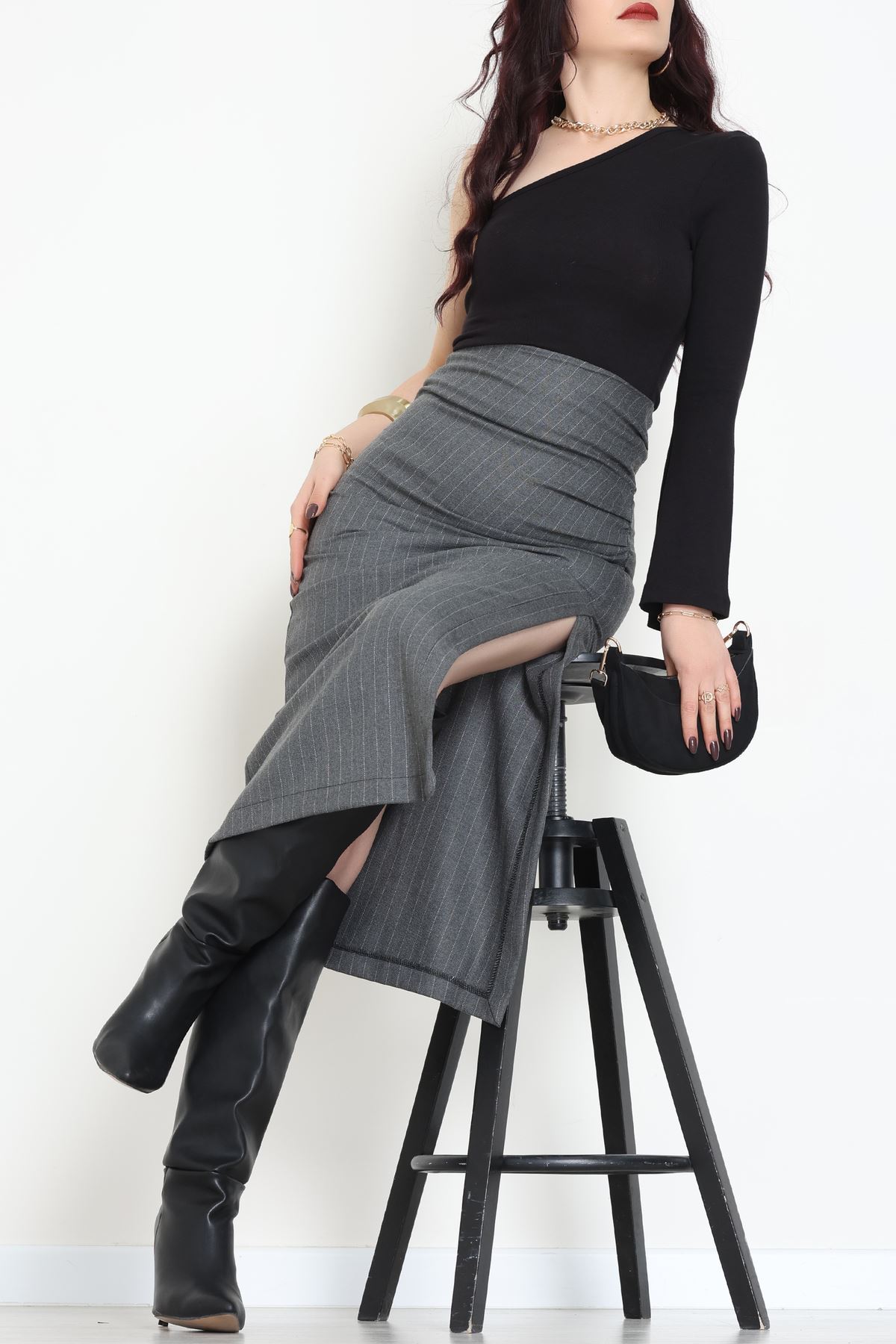 Yan Büzgülü Etek Füme - 60565.2126.