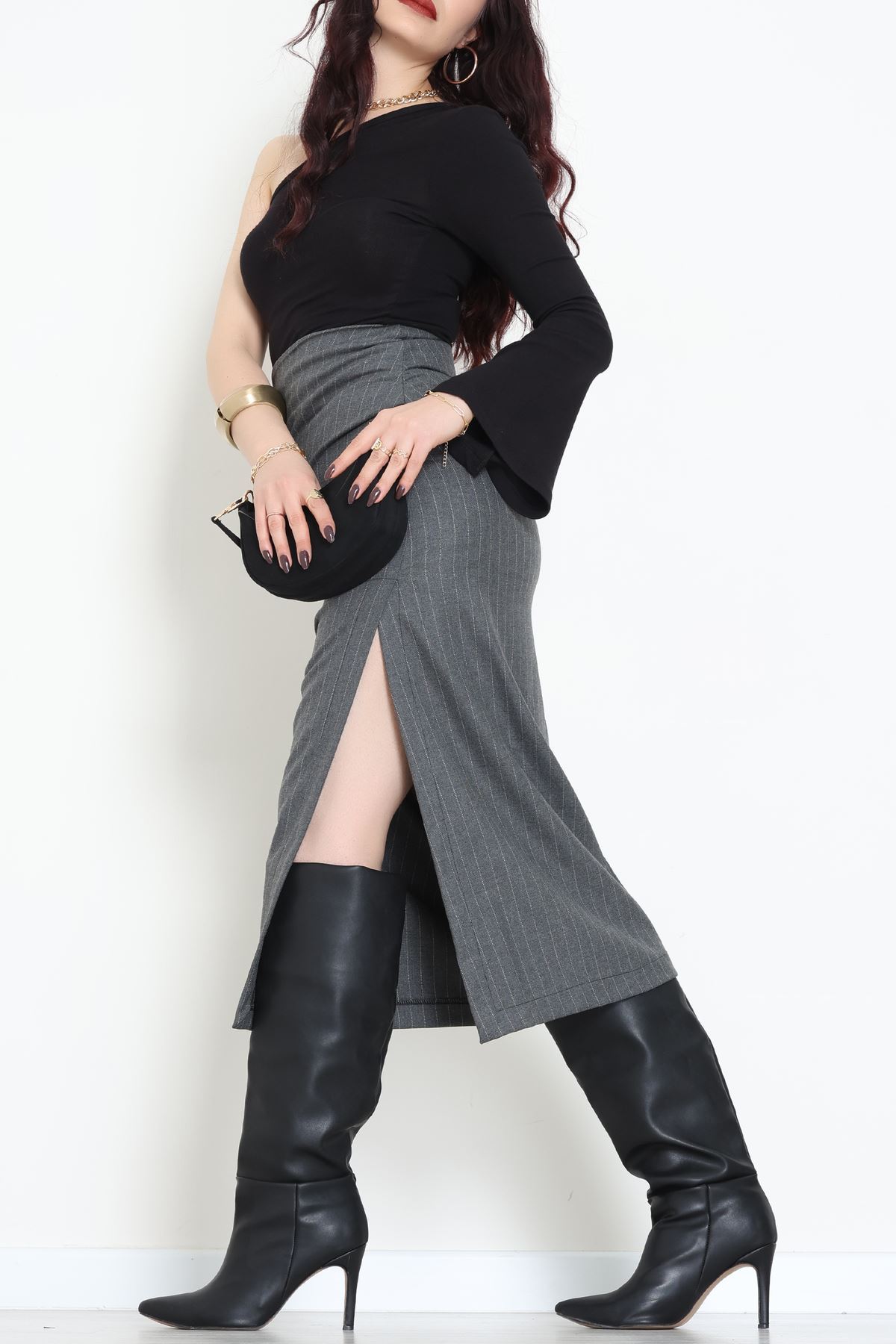 Yan Büzgülü Etek Füme - 60565.2126.