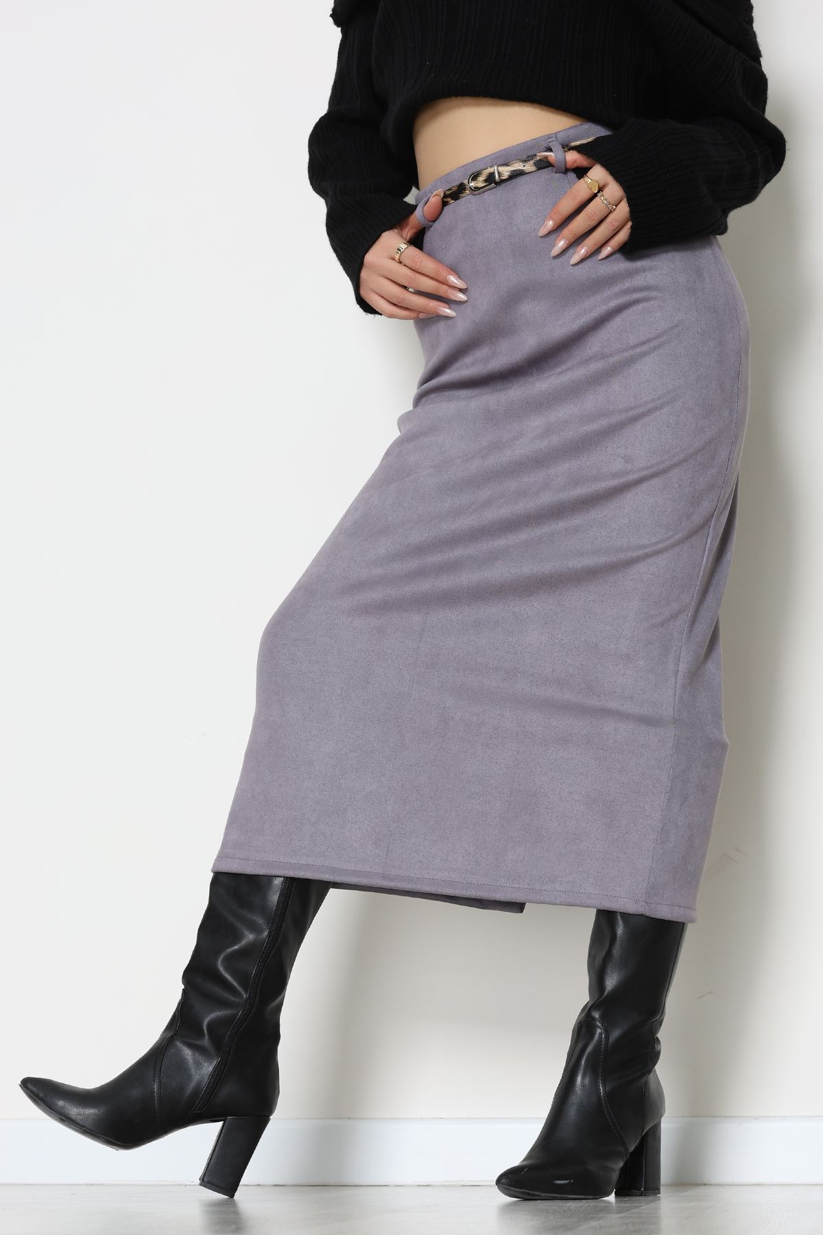 Kemerli Süet Etek Duman - 60653.2126.