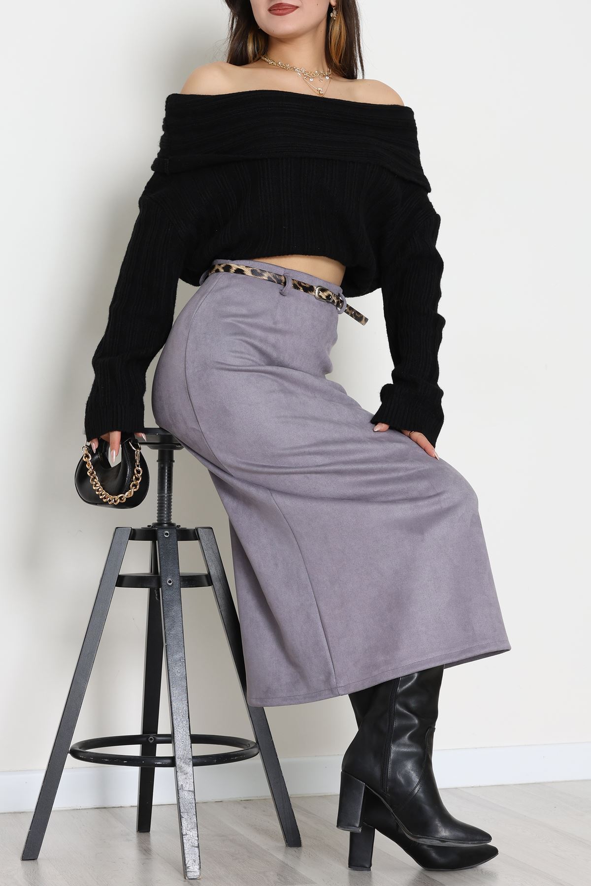 Kemerli Süet Etek Duman - 60653.2126.