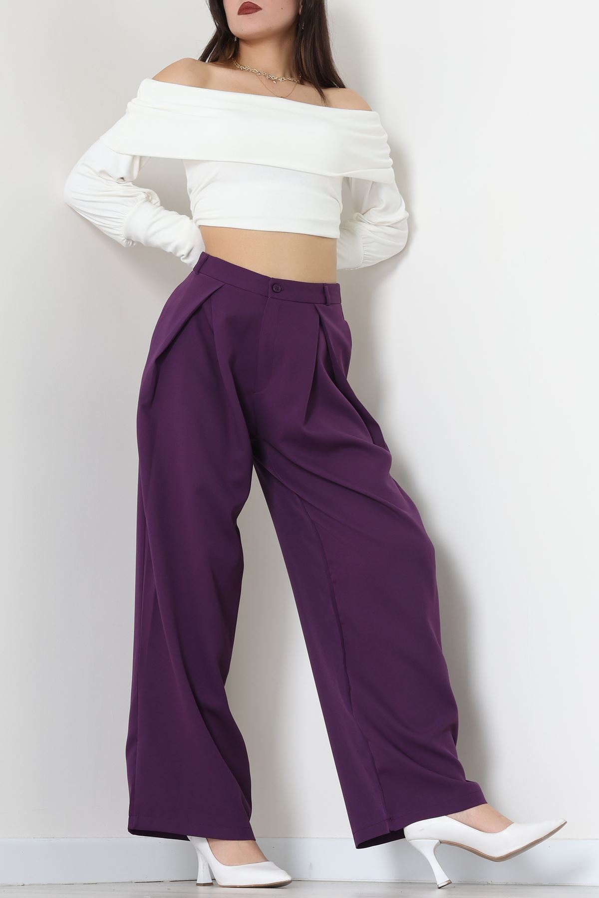 Dabıl Kumaş Pile Detaylı Pantolon Mor - 51610.683.