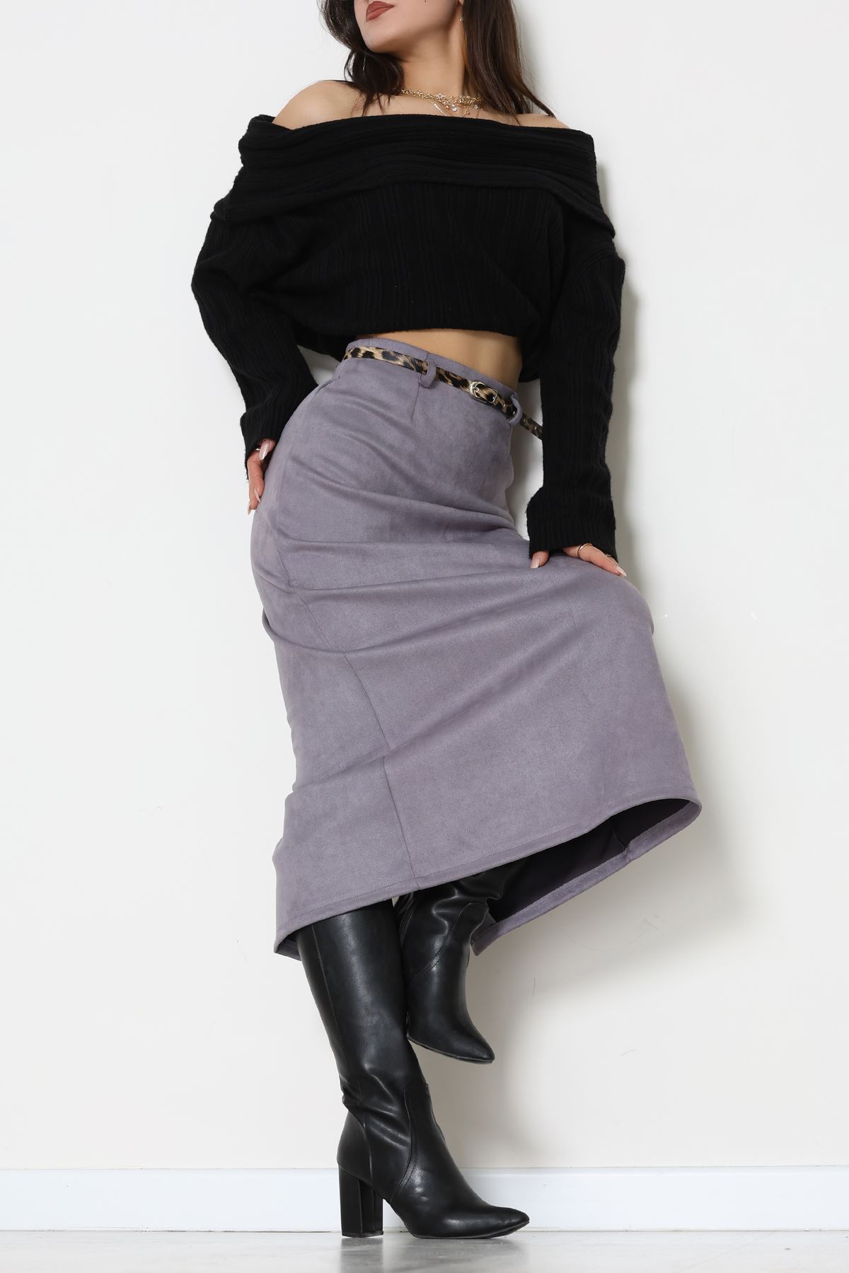 Kemerli Süet Etek Duman - 60653.2126.