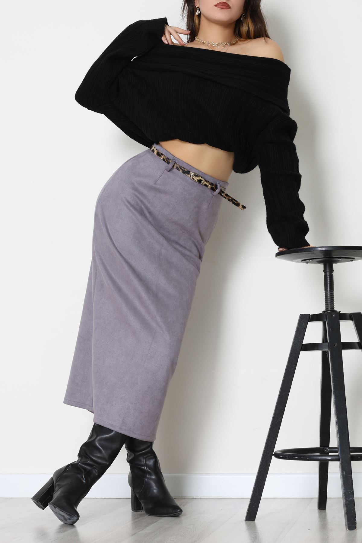 Kemerli Süet Etek Duman - 60653.2126.