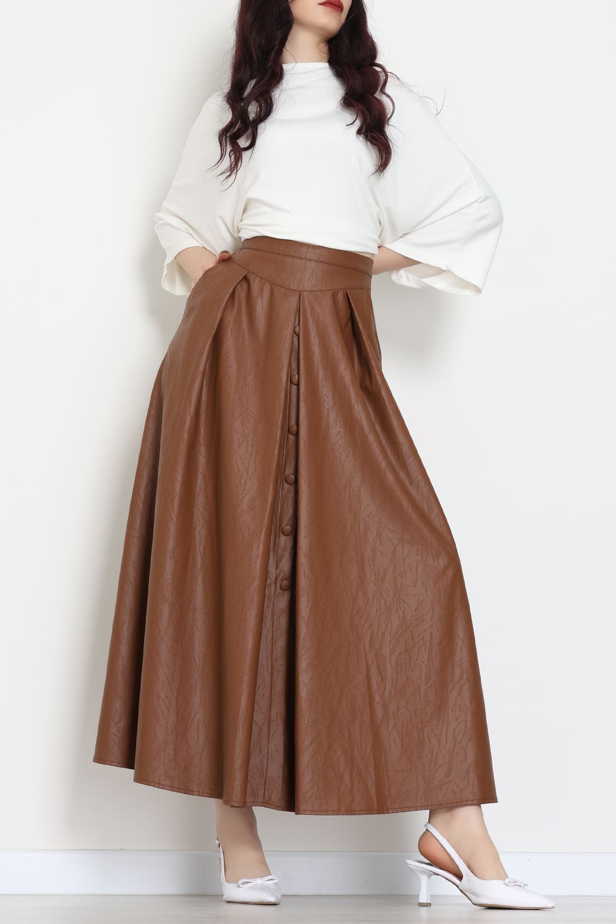 Düğmeli Deri Etek Açıkkahve - 60654.2126.