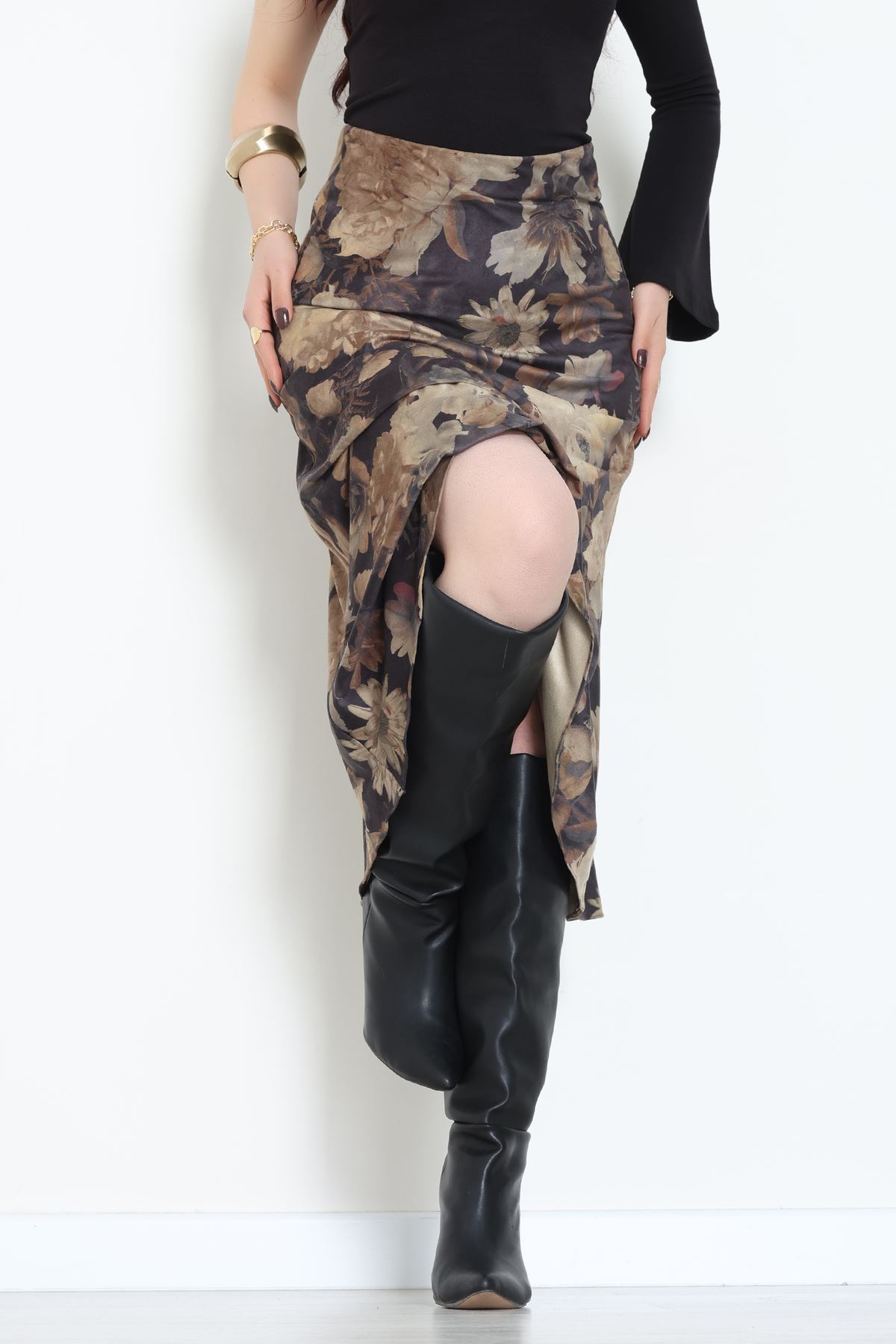 Desenli Süet Etek Haki2 - 6984.2126.