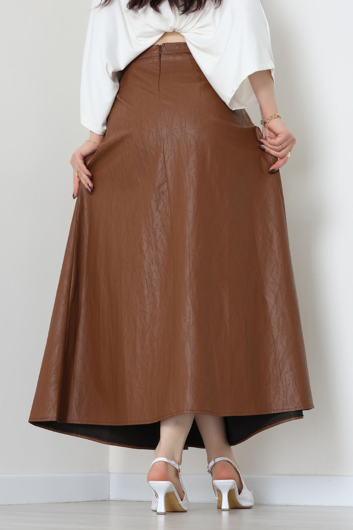 Düğmeli Deri Etek Açıkkahve - 60654.2126.