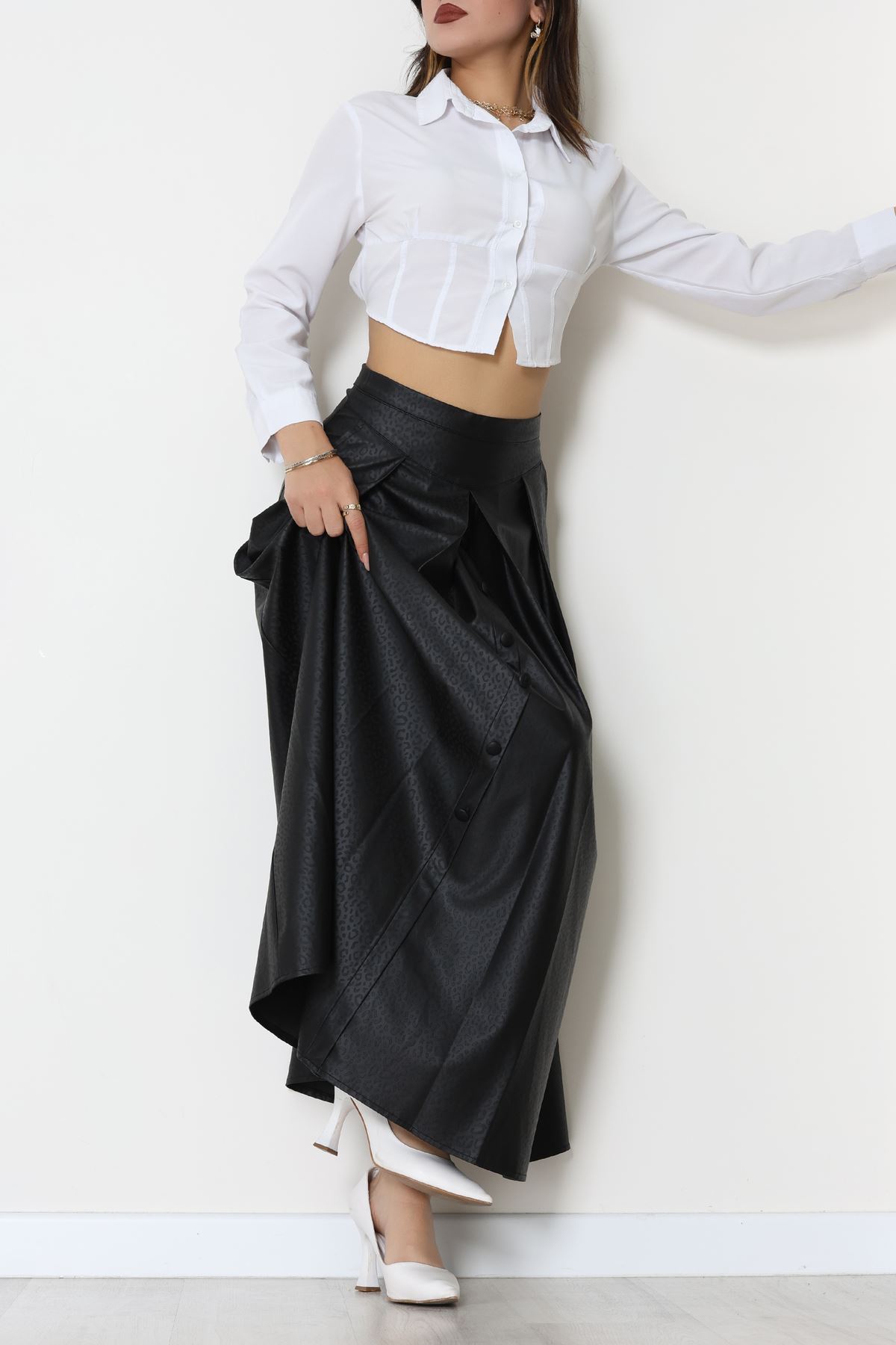 Düğmeli Deri Etek Siyah - 60654.2126.