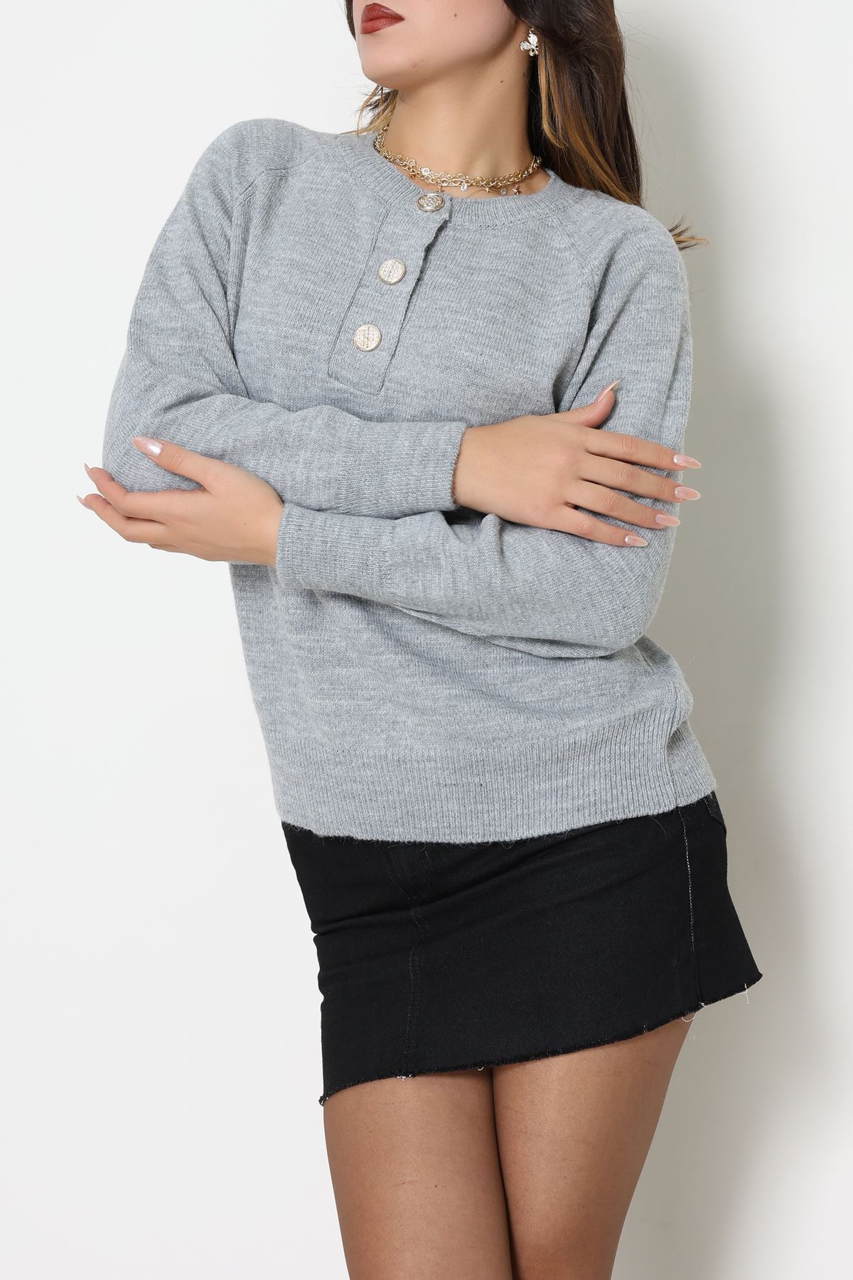 Yumuşak Dokulu Düğme Detay Triko Kazak Gri - 70881.1765.